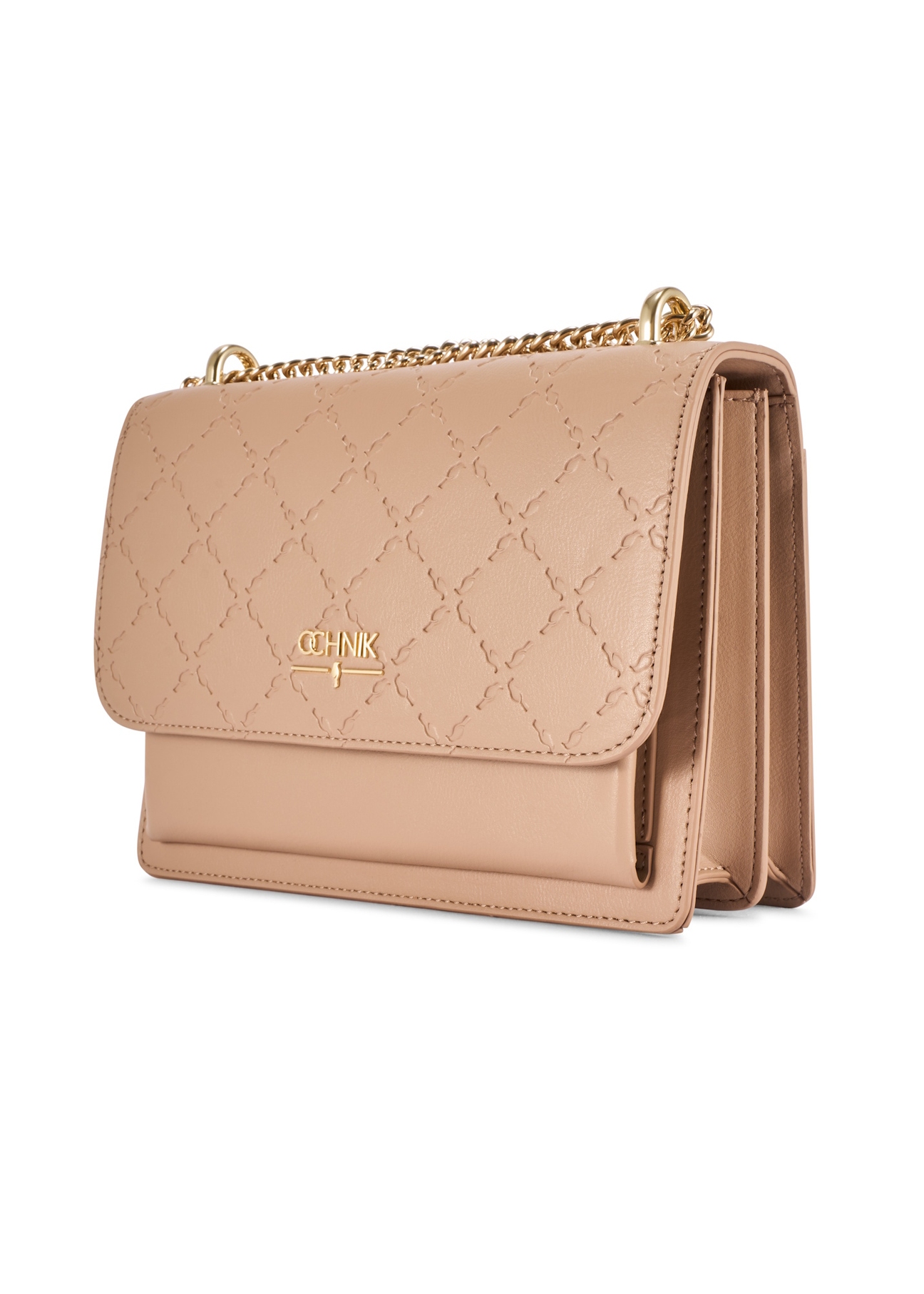 Beige women's handbag with monogram TOREC-1155-1A(W26), diagonal product view on a white background.