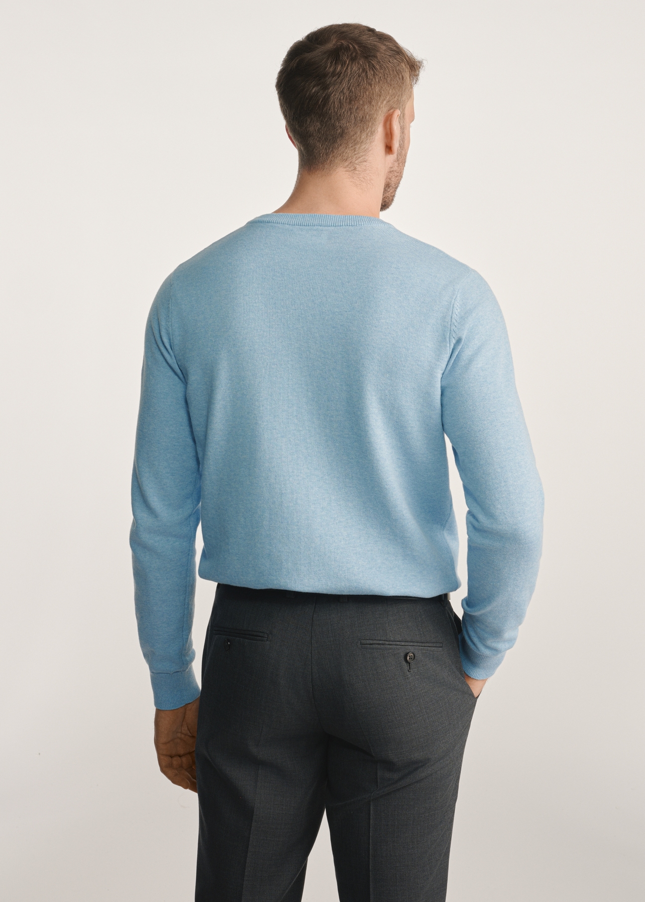 Blue cotton men's sweater SWEMT-0114A-61(Z25), product visible from the back on the model, half of the silhouette visible.