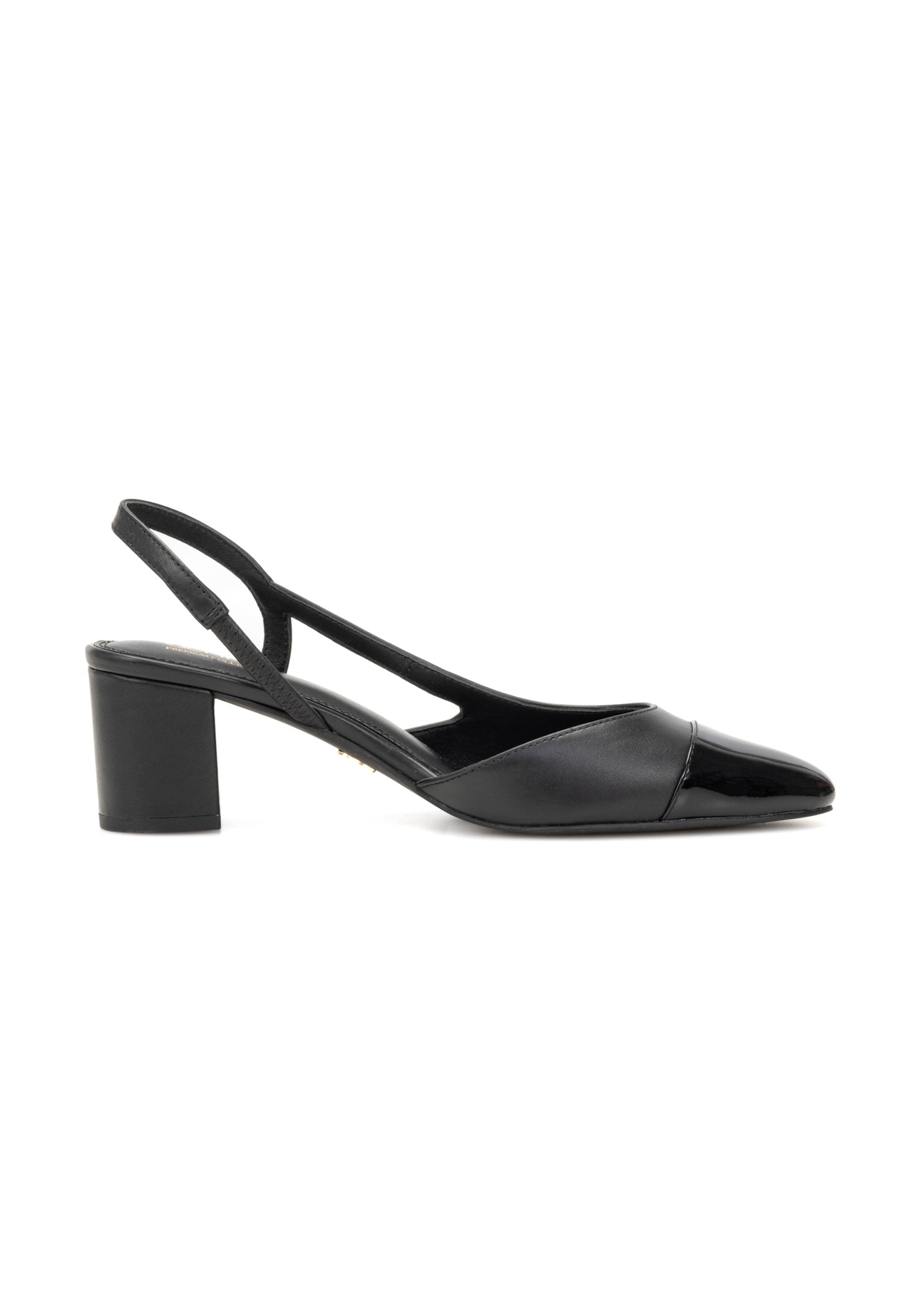 Black leather pumps with open heel BUTYD-1173-99(W26), side view of the product on a white background.