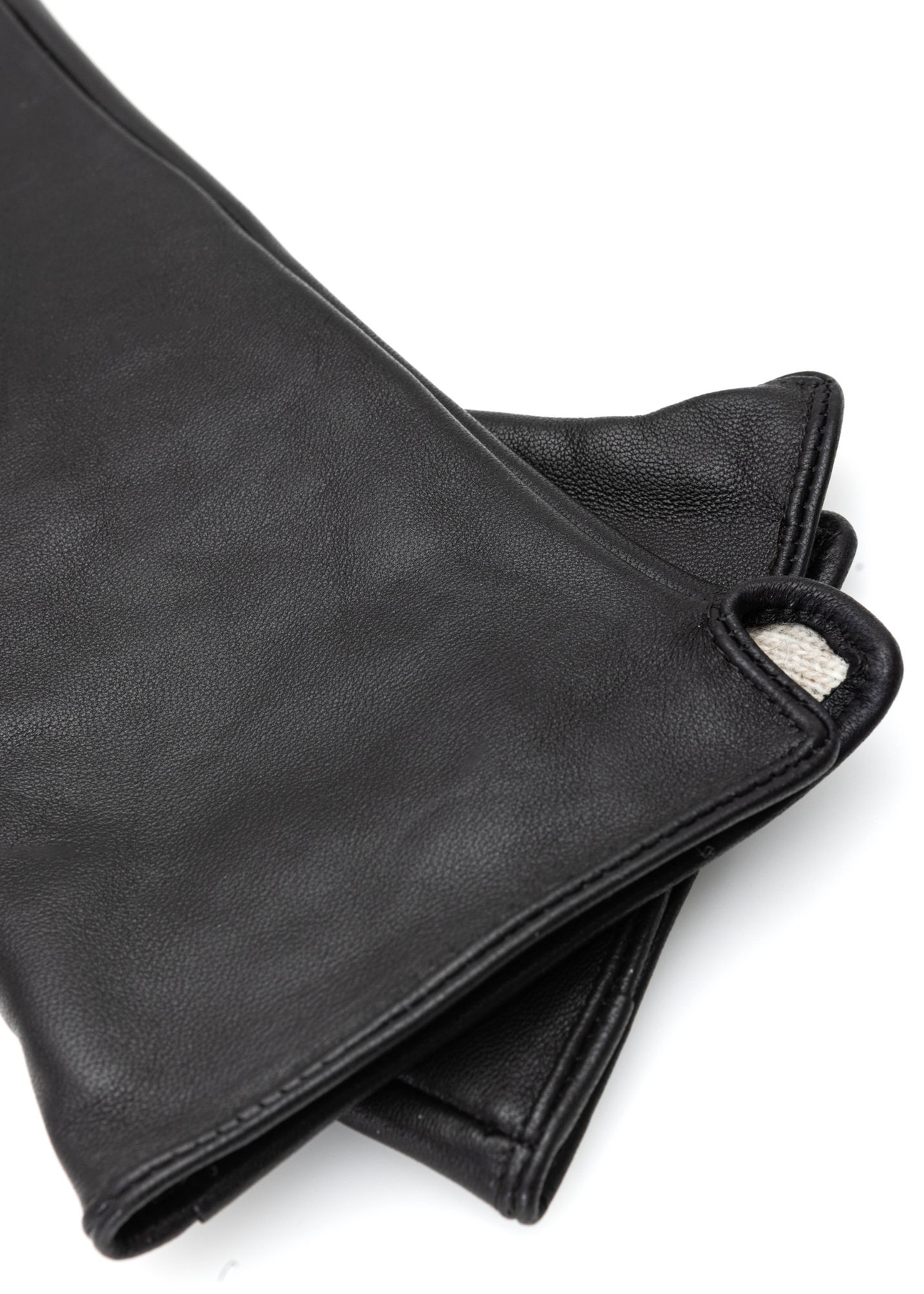 Long black leather women's gloves REKDS-0082A-99(Z26), close-up of product detail, view on white background.