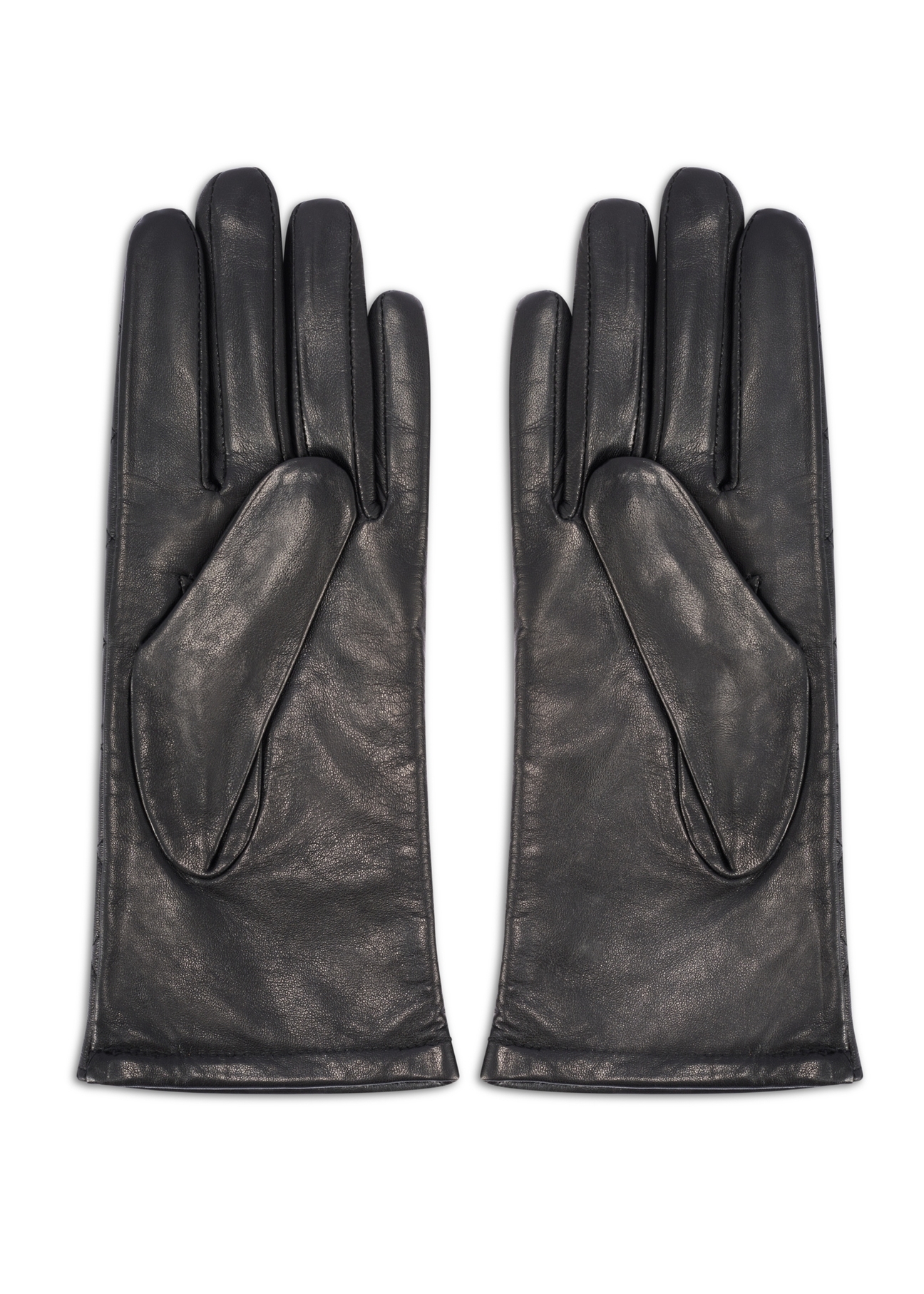 Women's black leather gloves REKDS-0079A-99(Z25), product view from the back on a white background.