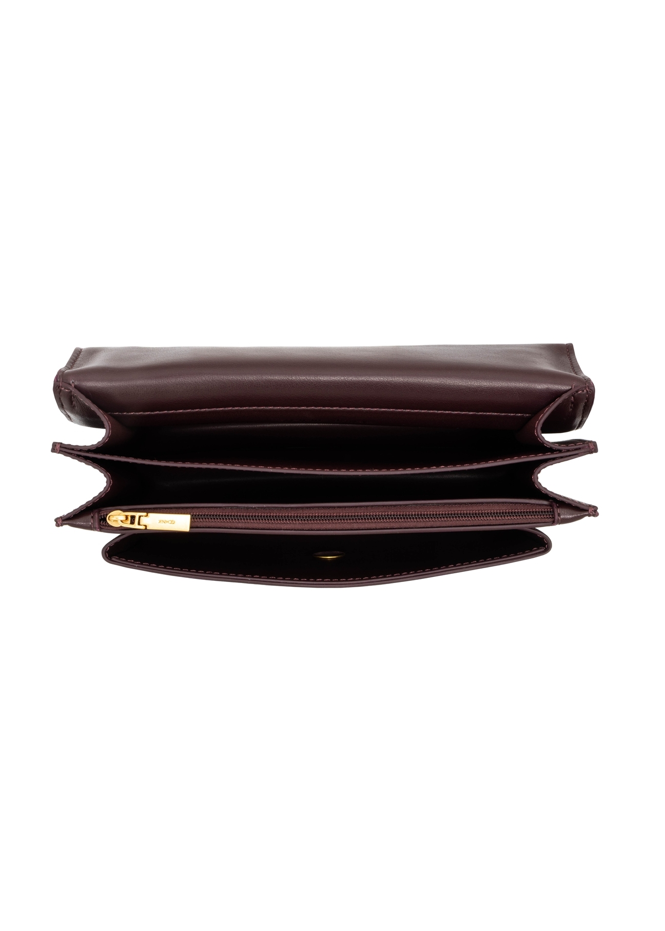 Burgundy women's handbag with monogram TOREC-1155-4P(Z26), product view from above on a white background.