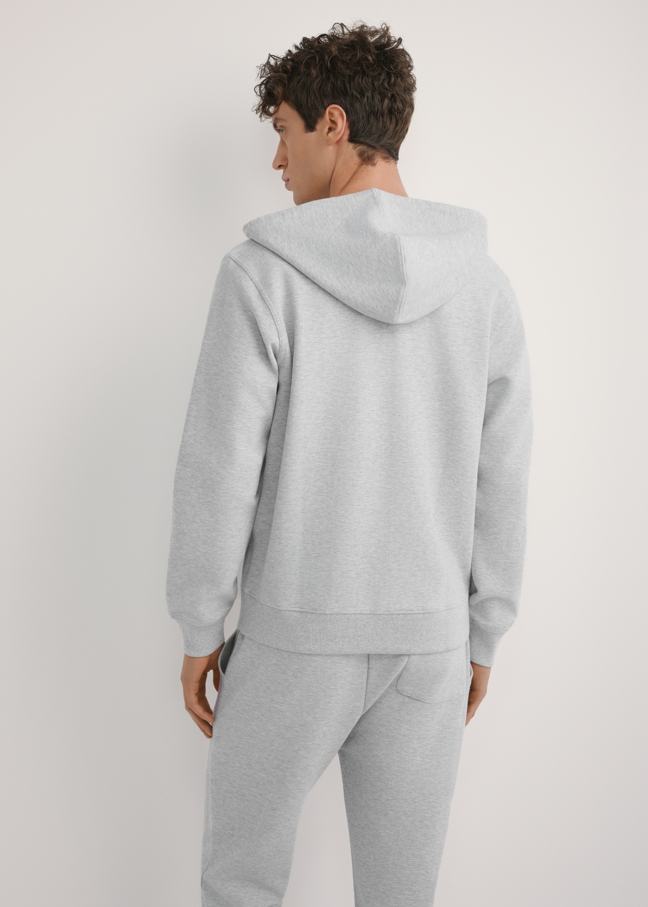 Men's gray hooded sweatshirt BLZMT-0079-9A(W26), back view of the product on the model. Half of the silhouette visible.