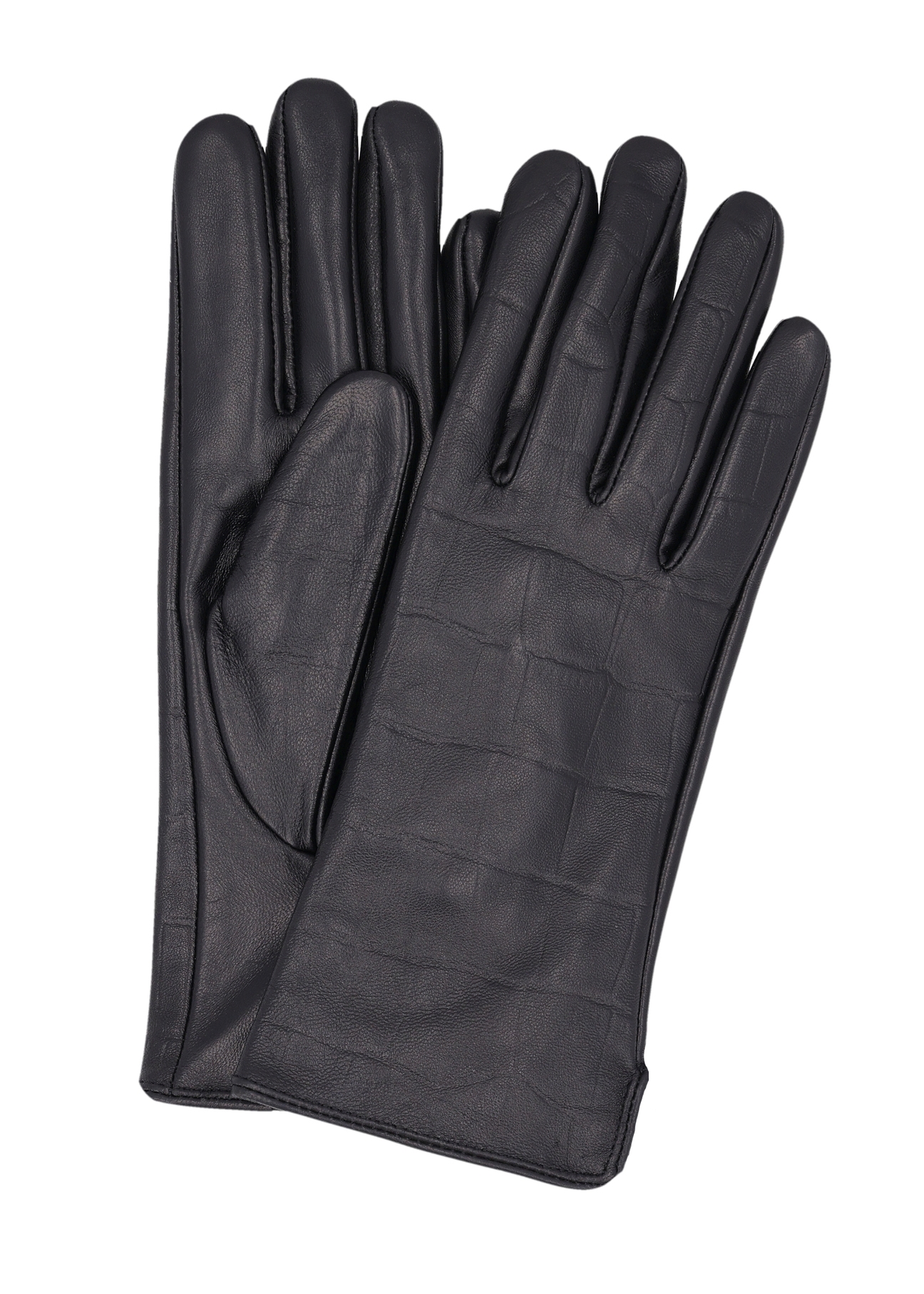 Women's black croco leather gloves REKDS-0001A-9G(Z26), product view from the front and back on a white background.
