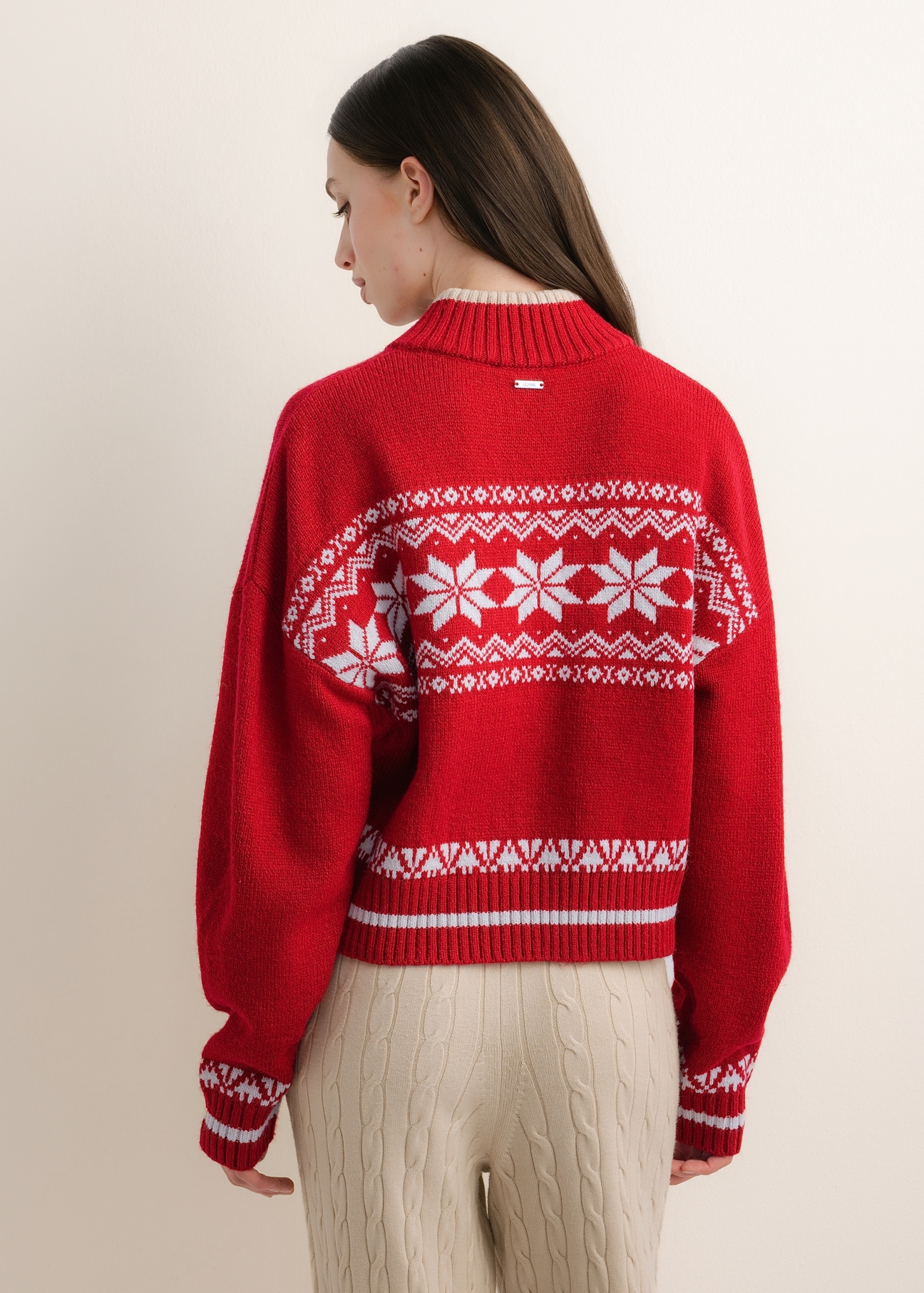 Red women's sweater with a Norwegian pattern (SWEDT-0273-4B(Z26)), shown from the back on a model. Half-body view.