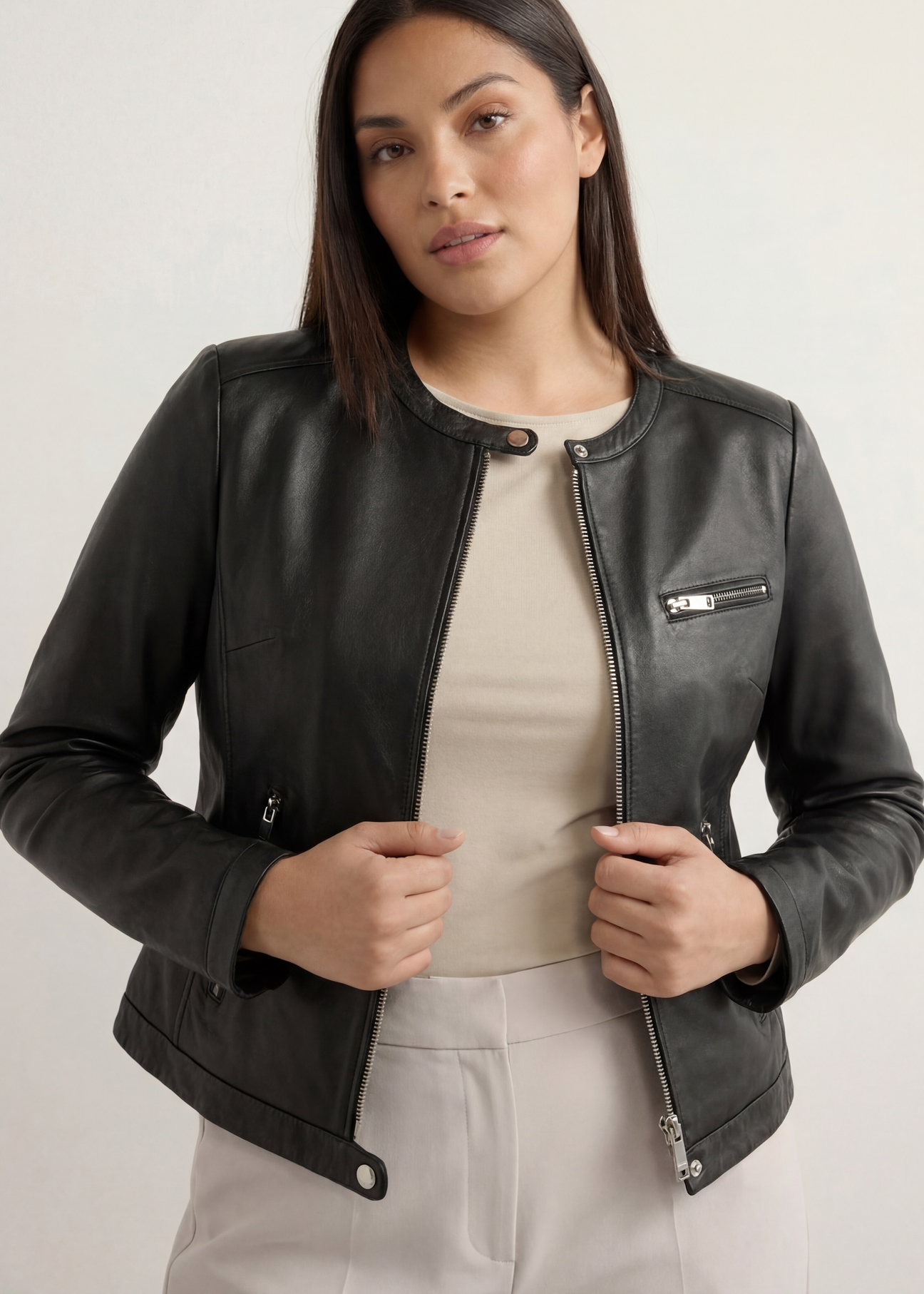 Black women's leather jacket KURDS-0154L-99(W26), front view of the product on the model.-02
