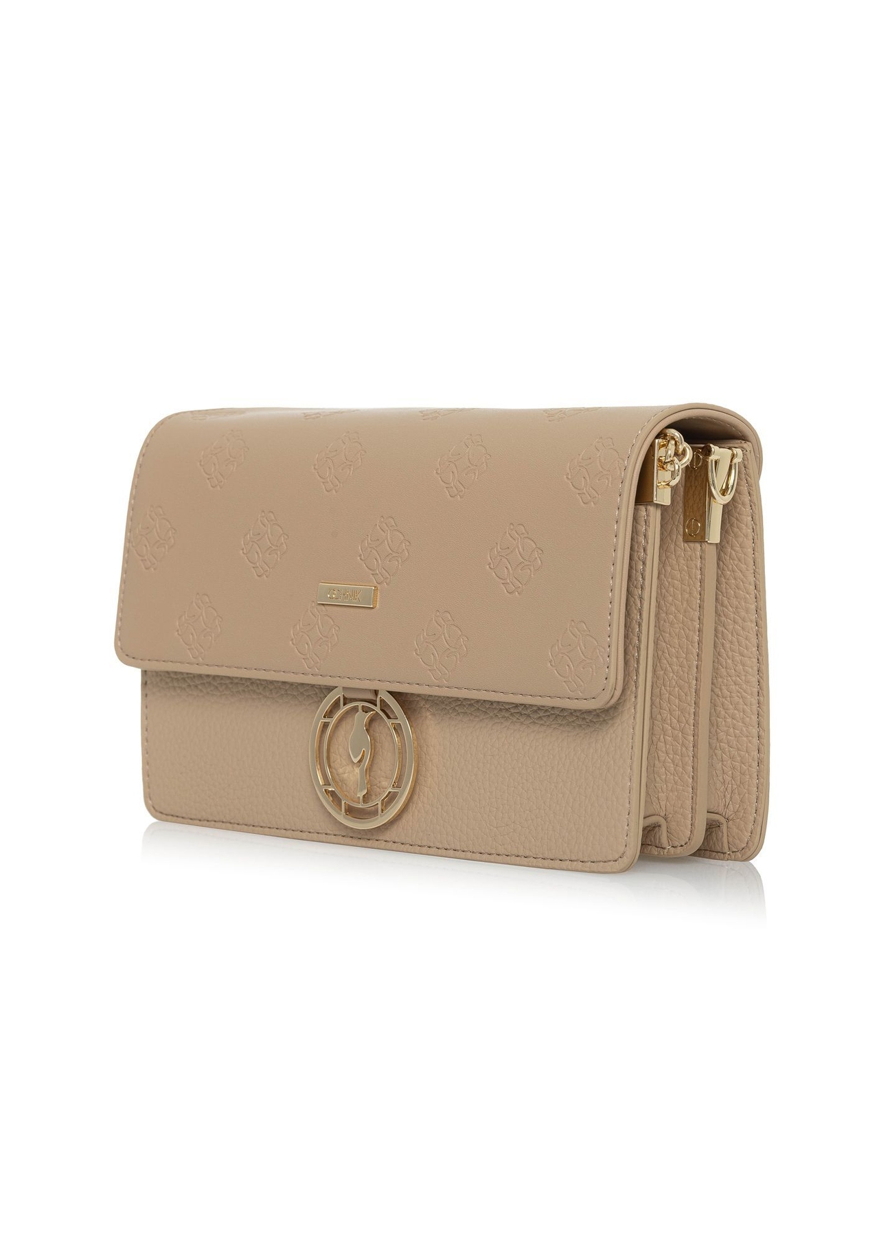 Beige women's handbag with monogram TOREC-0536C-81(Z25), diagonal product view on a white background.