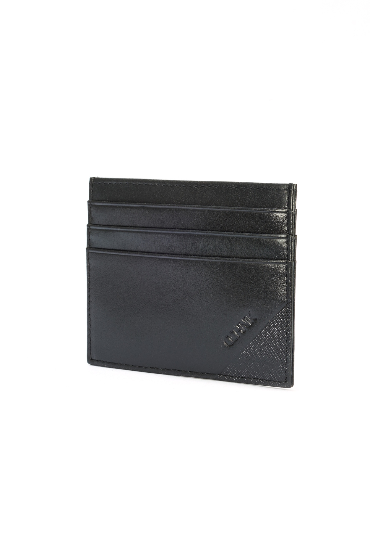 Black leather card case PORMS-0637-99(W25), diagonal view of the product on a white background.
