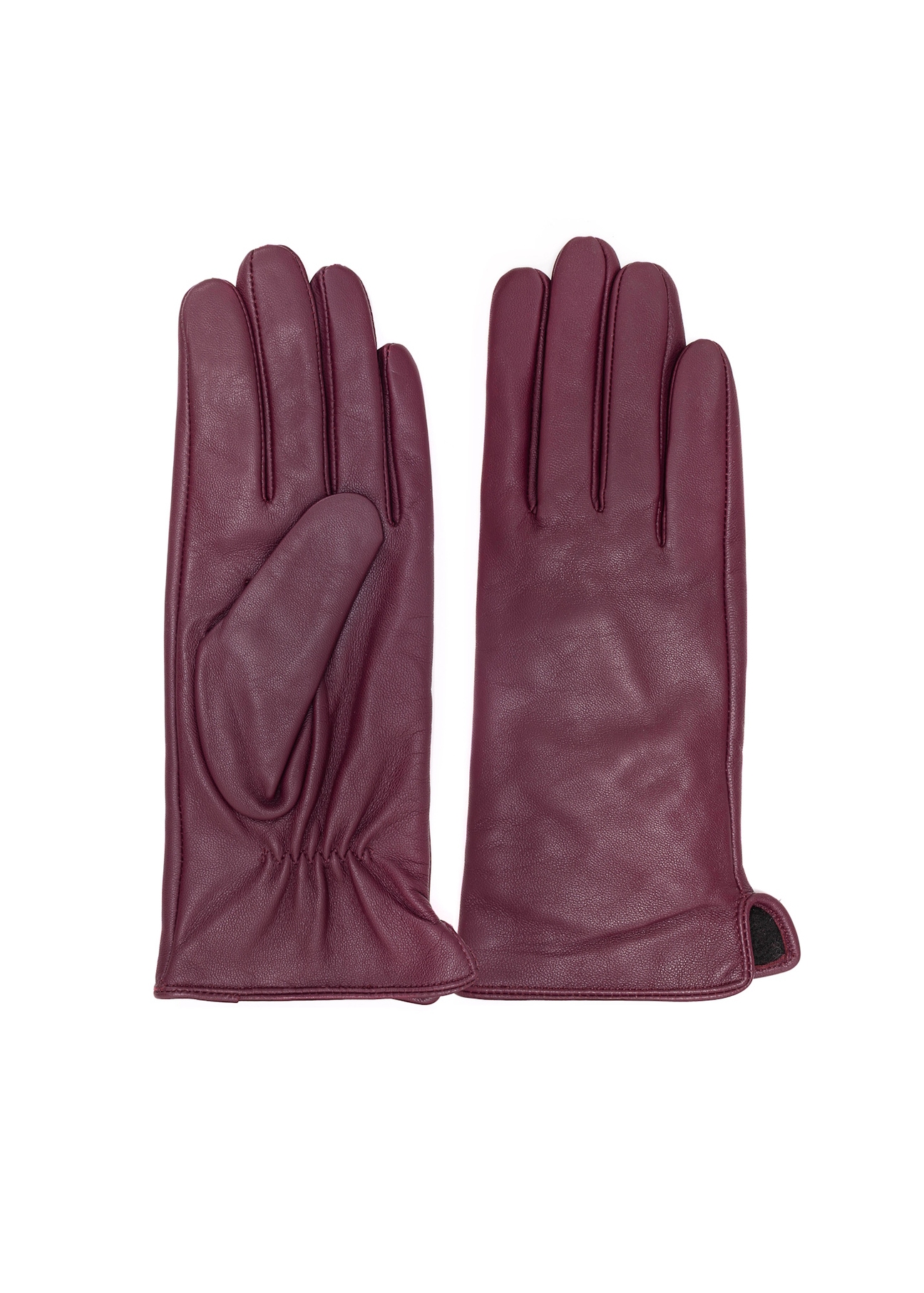 Women's burgundy leather gloves REKDS-0001A-49(Z25), front product view on white background.