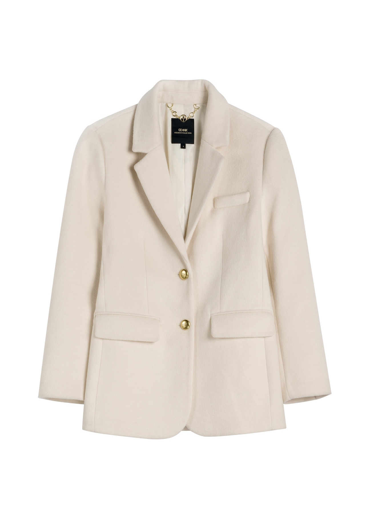 Women's white wool coat PLADT-0072-0B(W26), front product view on white background.