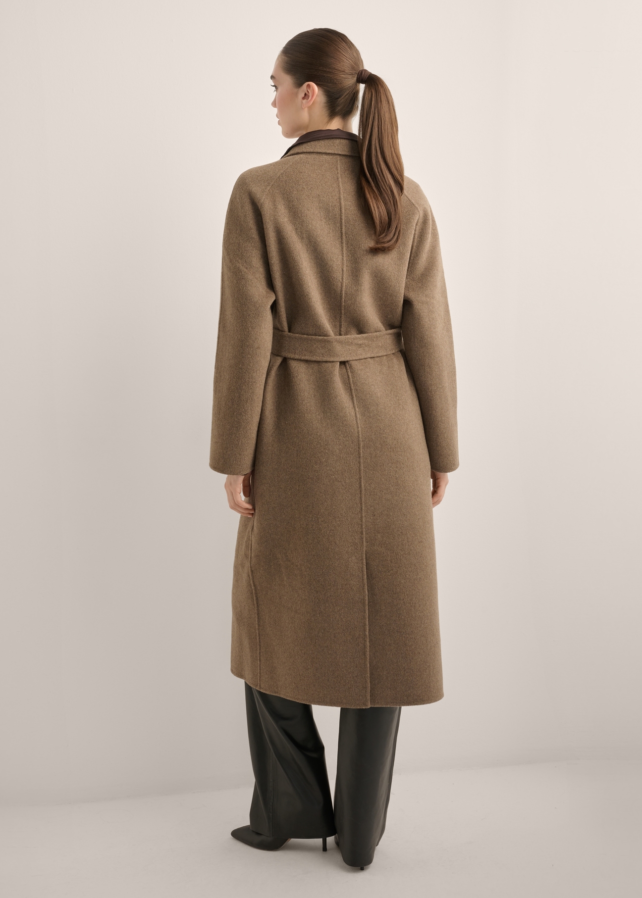 Women's long brown wool coat PLADT-0070-1K(Z26) - product view from the back, on a white background. Full silhouette visible.
