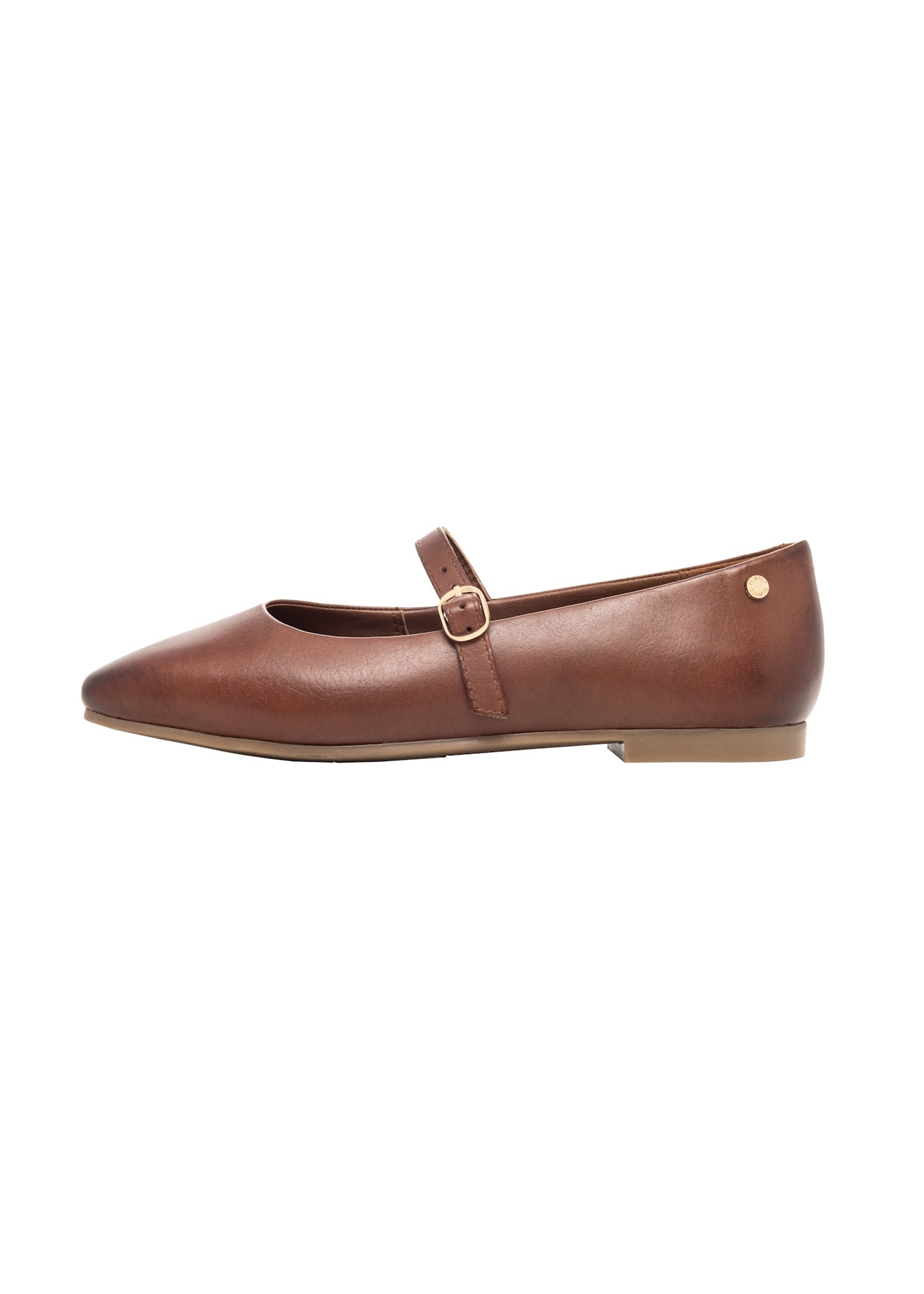 Leather brown ballet flats with strap BUTYD-1145-1H(Z26), side view of the product on a white background.