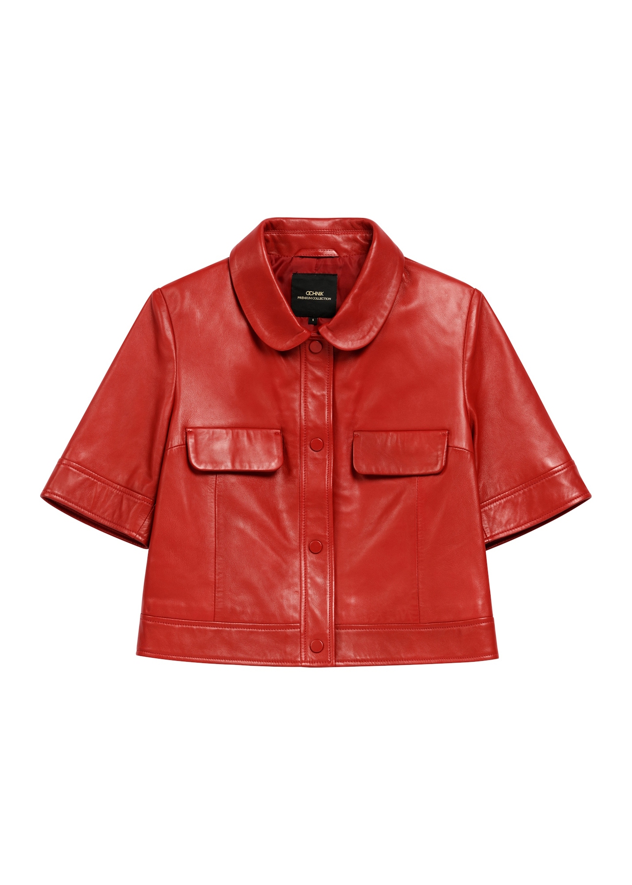 Red women's leather shirt KOSDS-0007-4B(W26), front product view on white background.