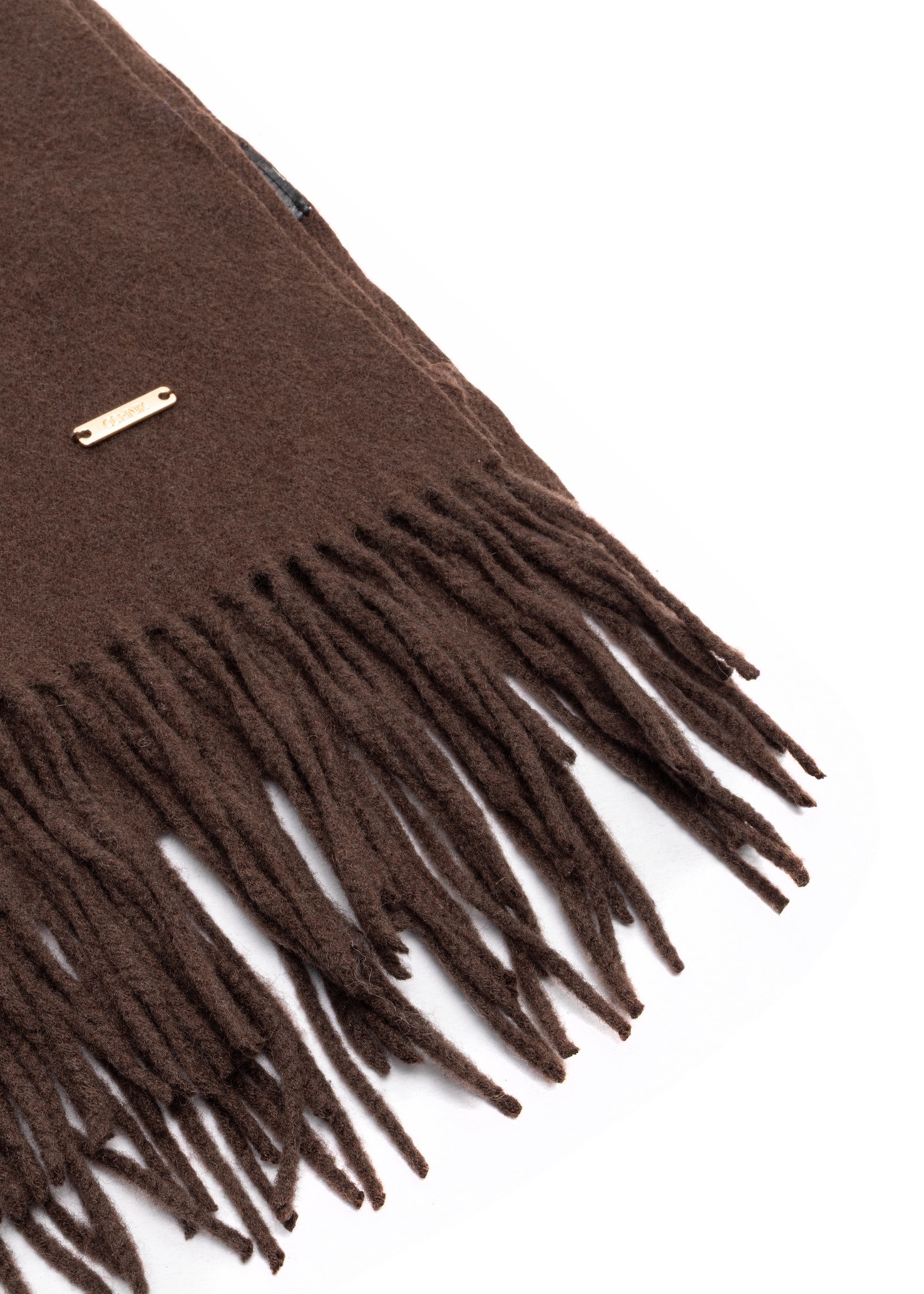 Dark brown women's scarf with wool SZADT-0232-1I(Z26), close-up of product detail on a white background.