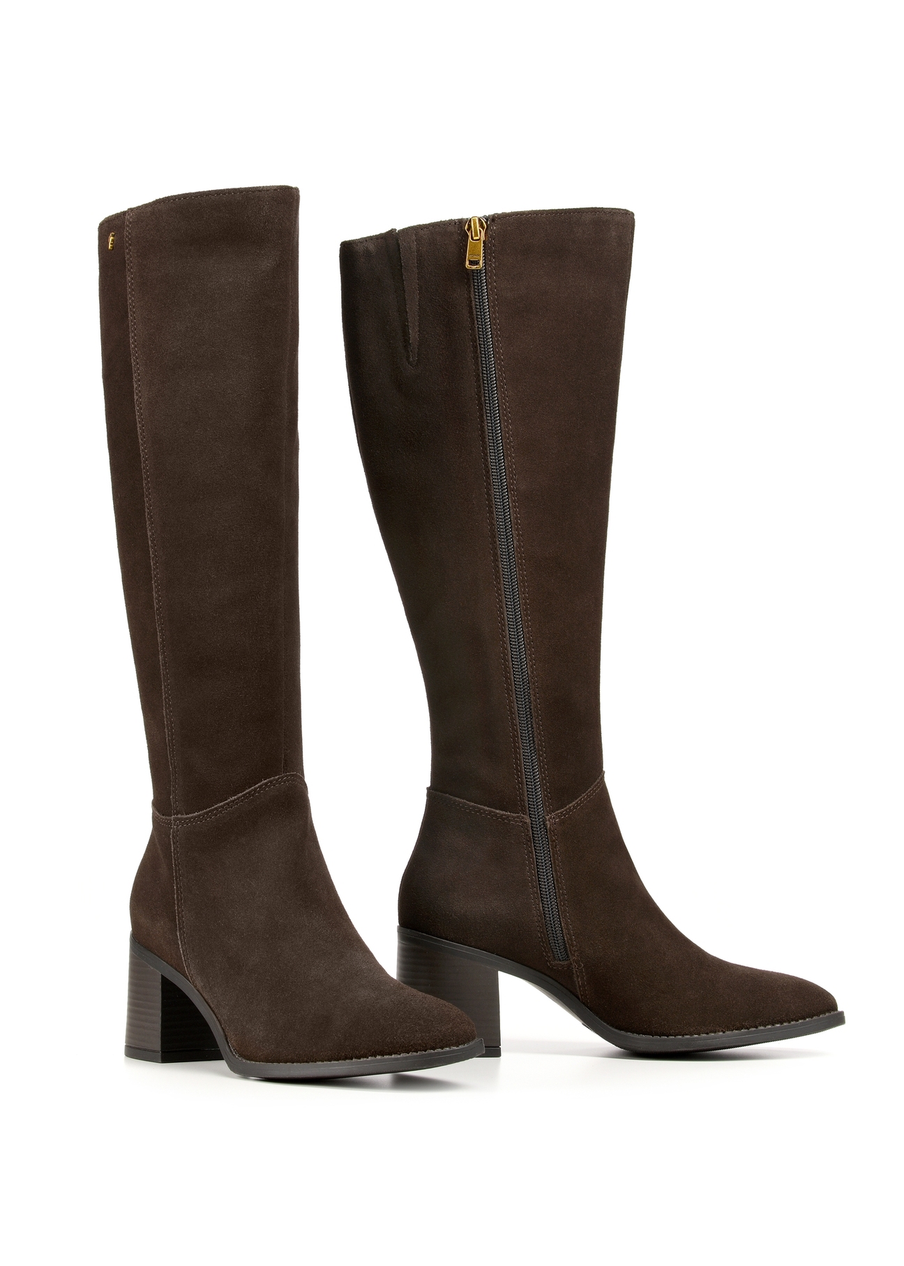 Brown suede high-heeled boots BUTYD-1100-89(Z25), diagonal product view on white background.