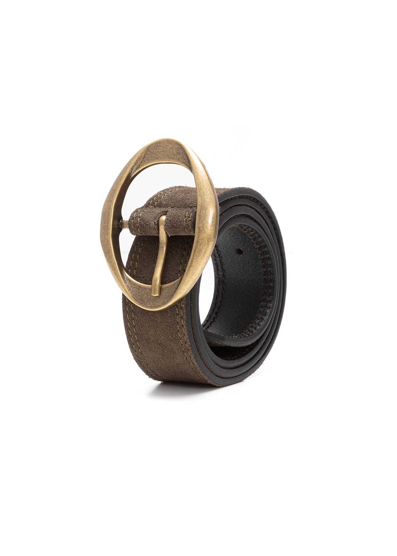 Olive suede women's belt PASDS-0318-57(Z25), diagonal product view on white background.