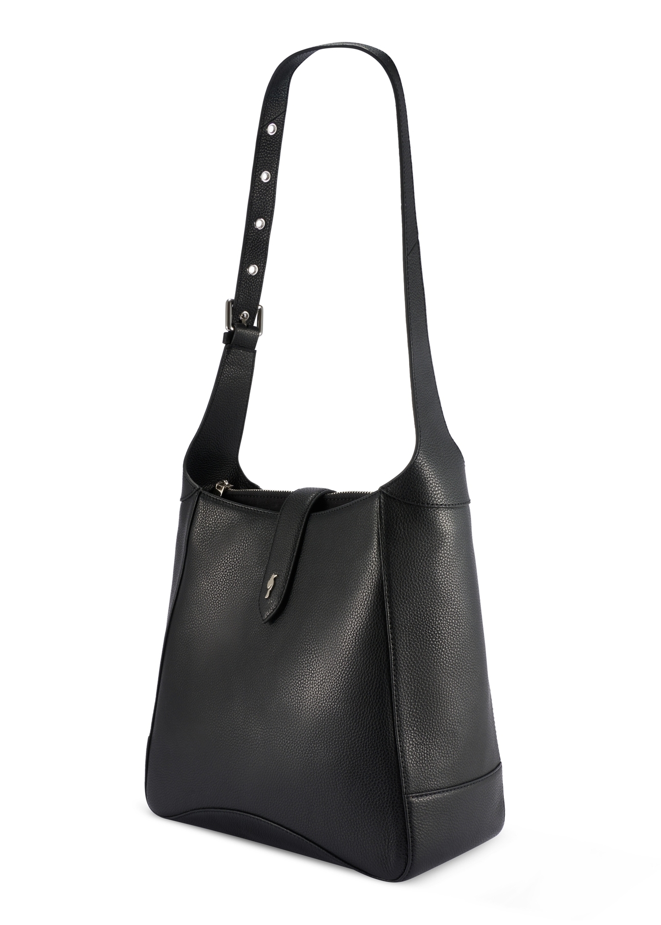 Black medium leather shoulder bag TORES-1210-9I(W26), diagonal product view on white background.