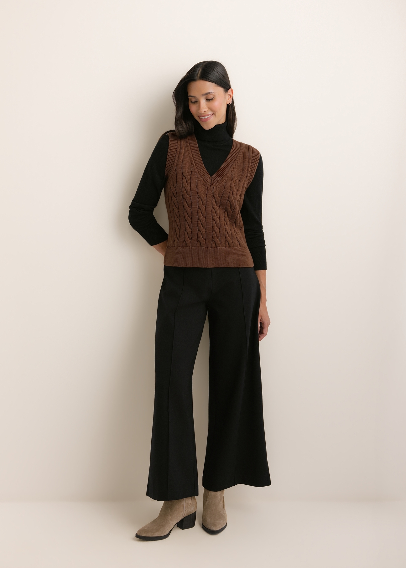 Brown women's cotton vest SWEDT-0282-1H(Z26), front view of the product on the model. The entire silhouette is visible.