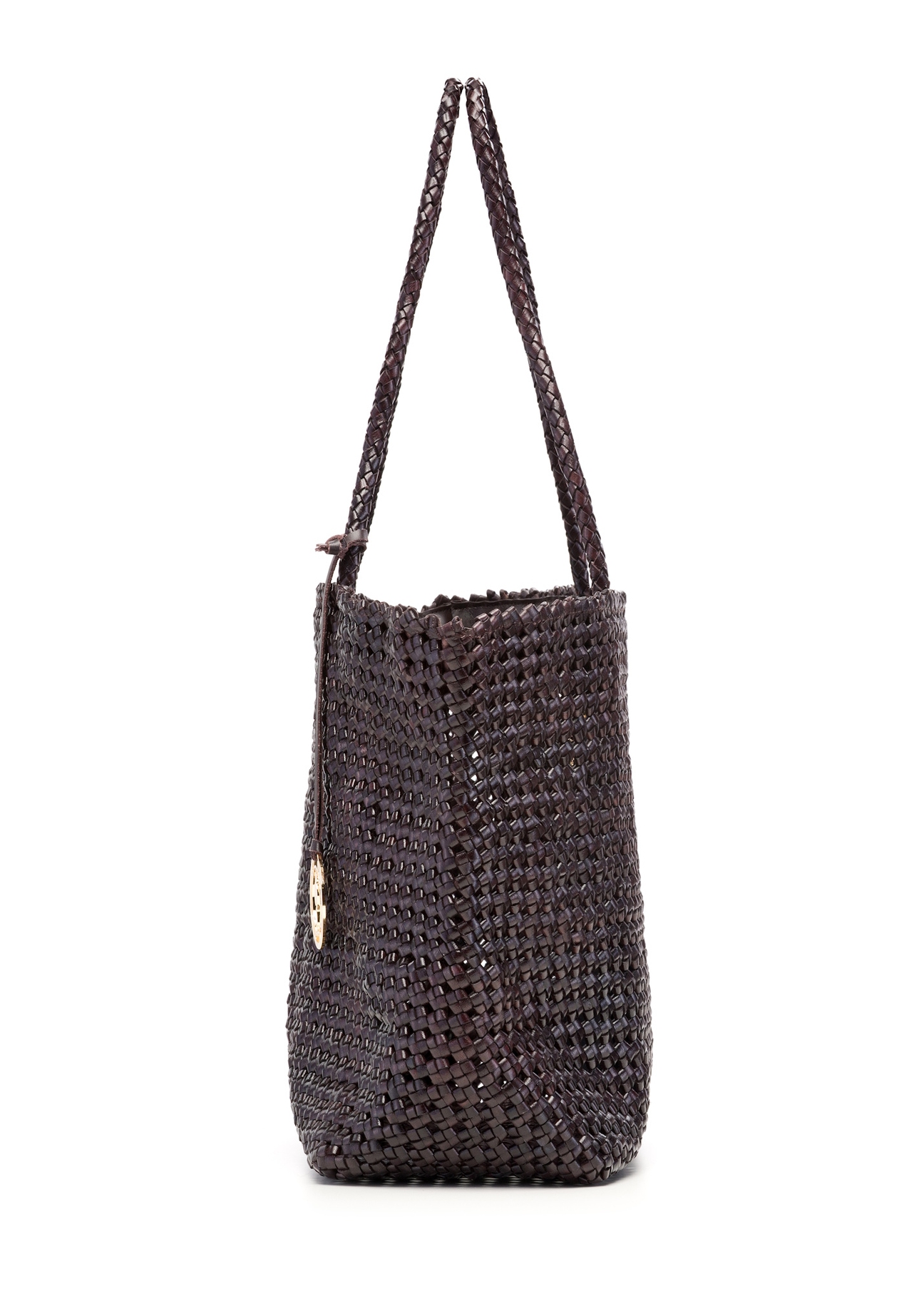 Brown leather woven handbag TORES-1300-1I(W26), side product view on white background.