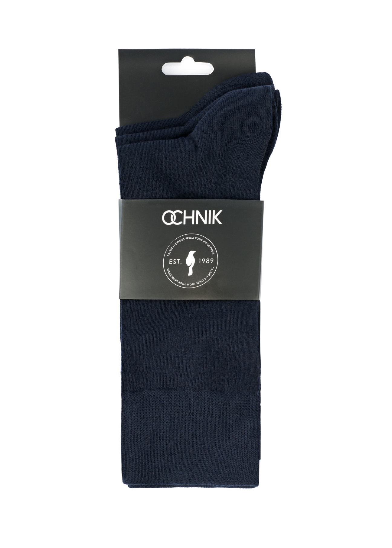Set of long navy blue men's socks ZESMT-0057-69(Z25), view of the product in the packaging on a white background.