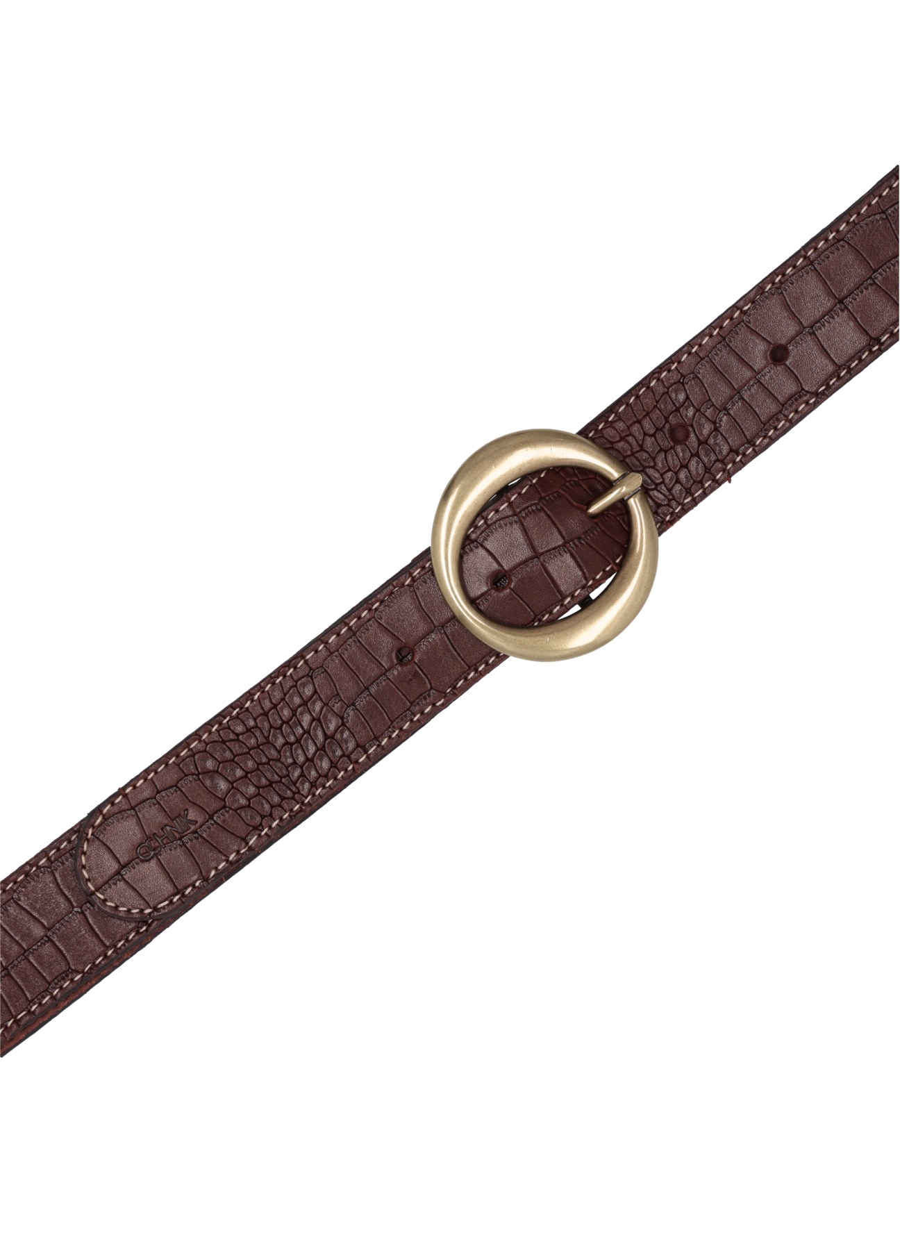 Brown leather women's belt with animal motif PASDS-0353-1H(Z26), close-up view of the buckle on a light background.