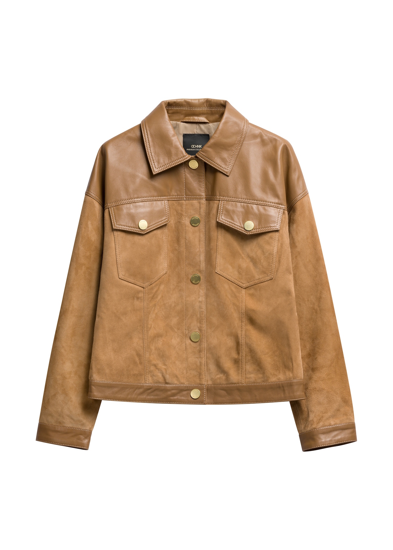 Beige women's leather jacket KURDS-0572-1B(W26), front product view on white background.