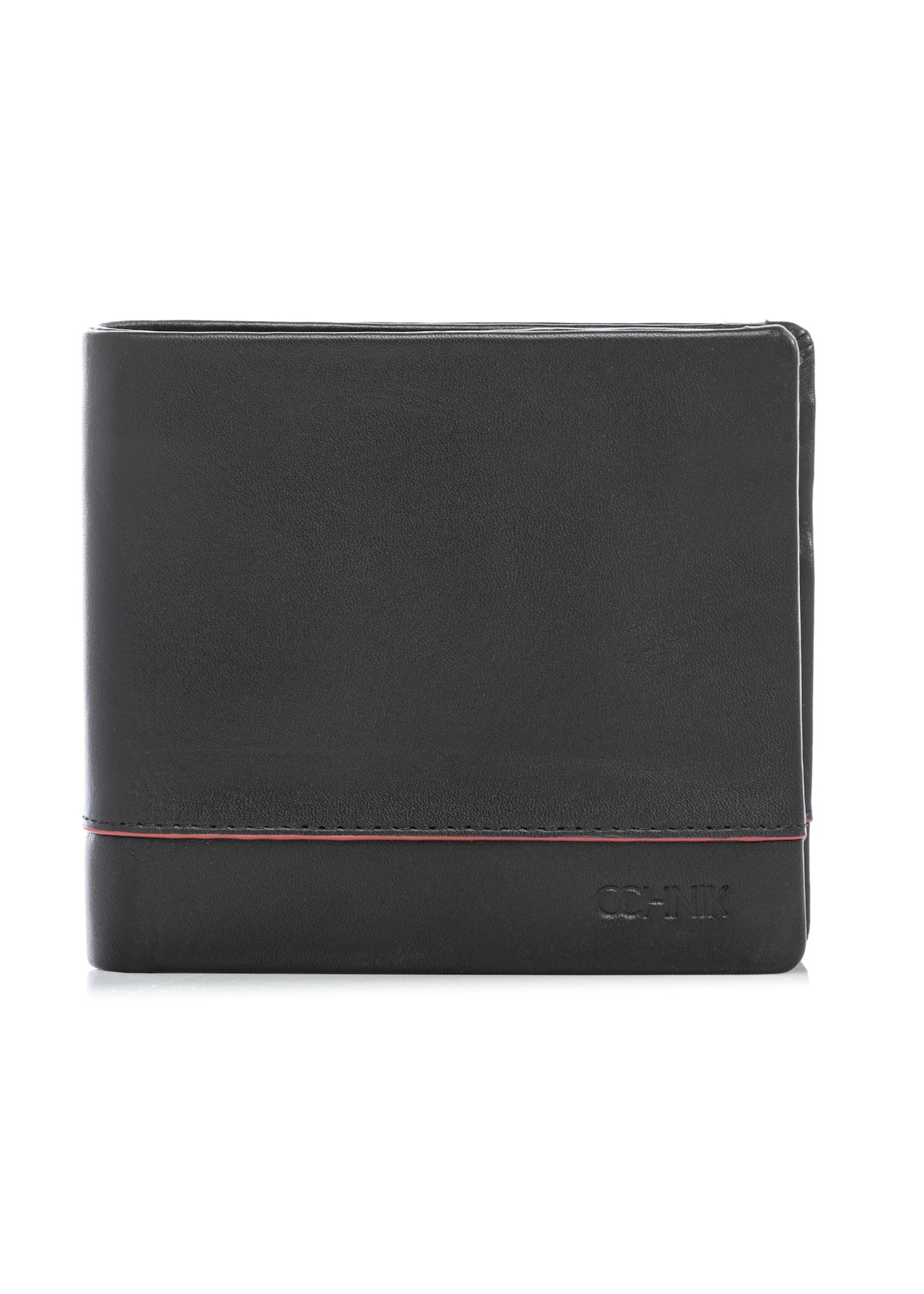 Black small leather men's wallet PORMS-0696-9J(W26), front product view on white background.