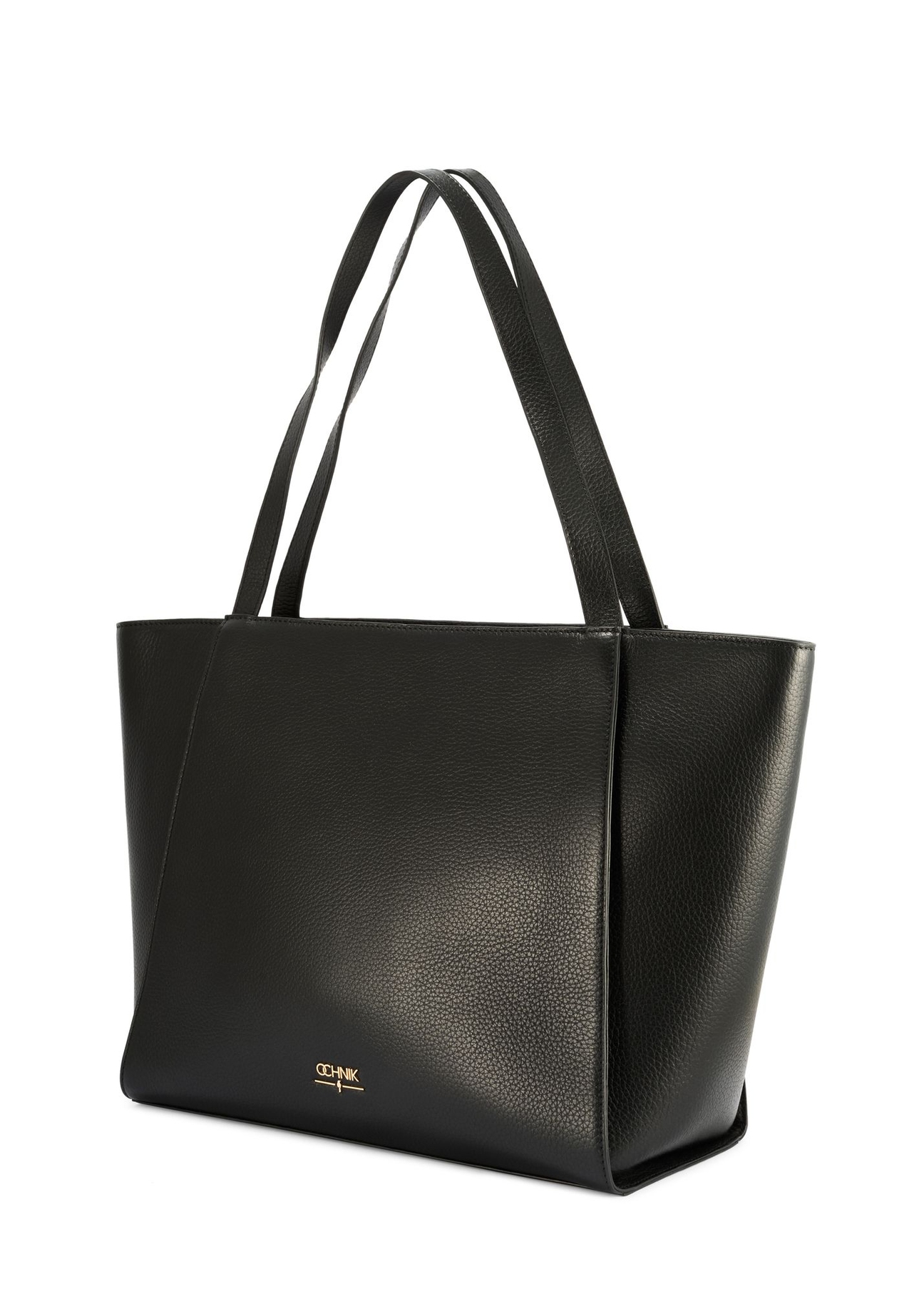 Black leather shopper bag TORES-1209-9I(W26) - diagonal product view, on a white background.