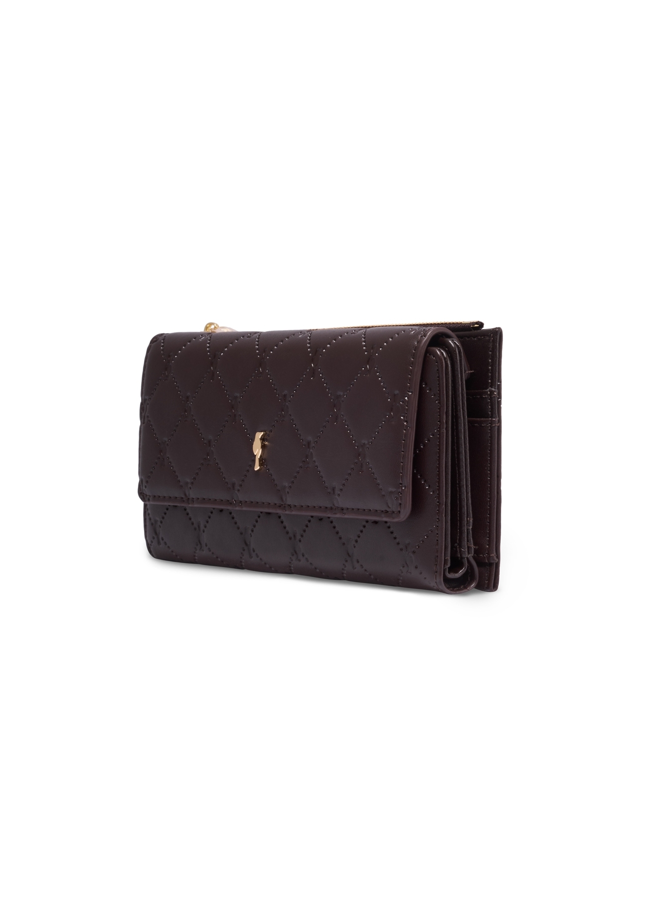Large brown women's wallet with monogram POREC-0347A-1I(Z26), diagonal product view on white background.