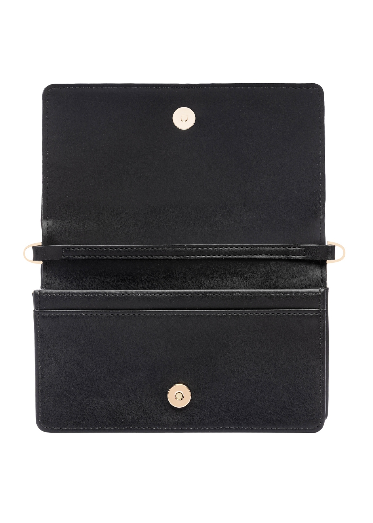 Black women's wallet with strap POREC-0431-99(W26), product view with open flap on white background.