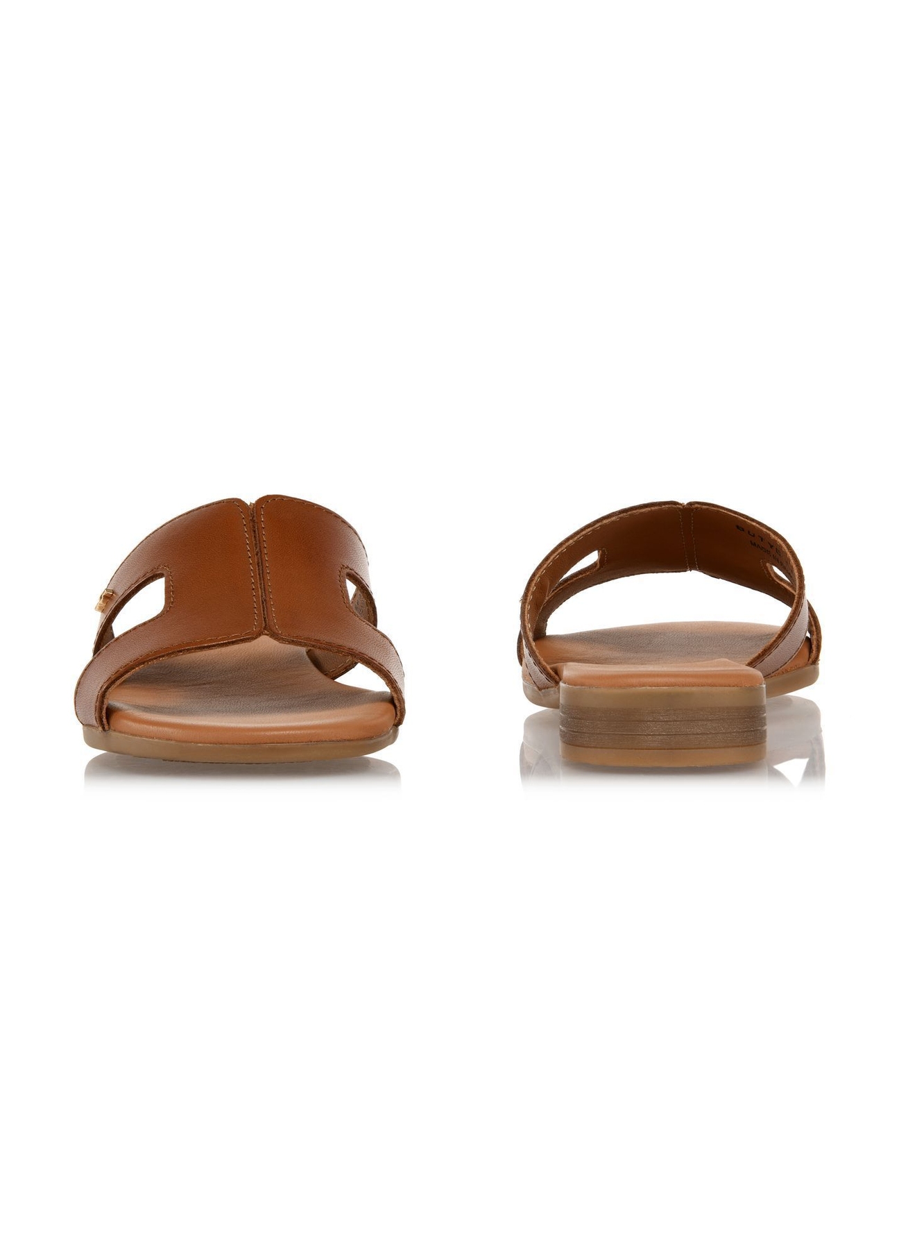 Women's leather mules in cognac color BUTYD-1064A-1F(W26), front and back view of the product on a white background.