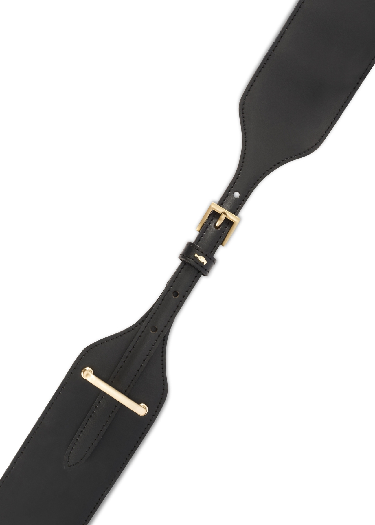 Black leather women's belt PASDS-0331-99(Z25), view of the clasp of the product on a white background.
