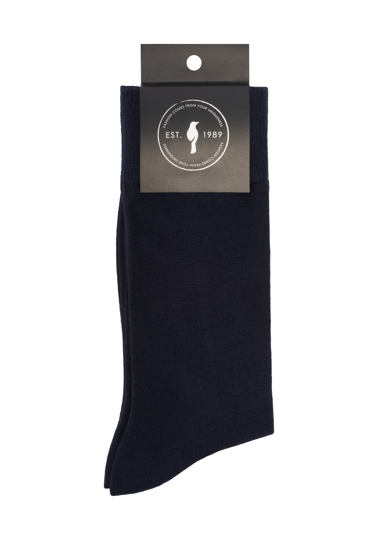 Men's long navy blue socks SKAMT-0019A-7E(W26), product view with packaging on white background.
