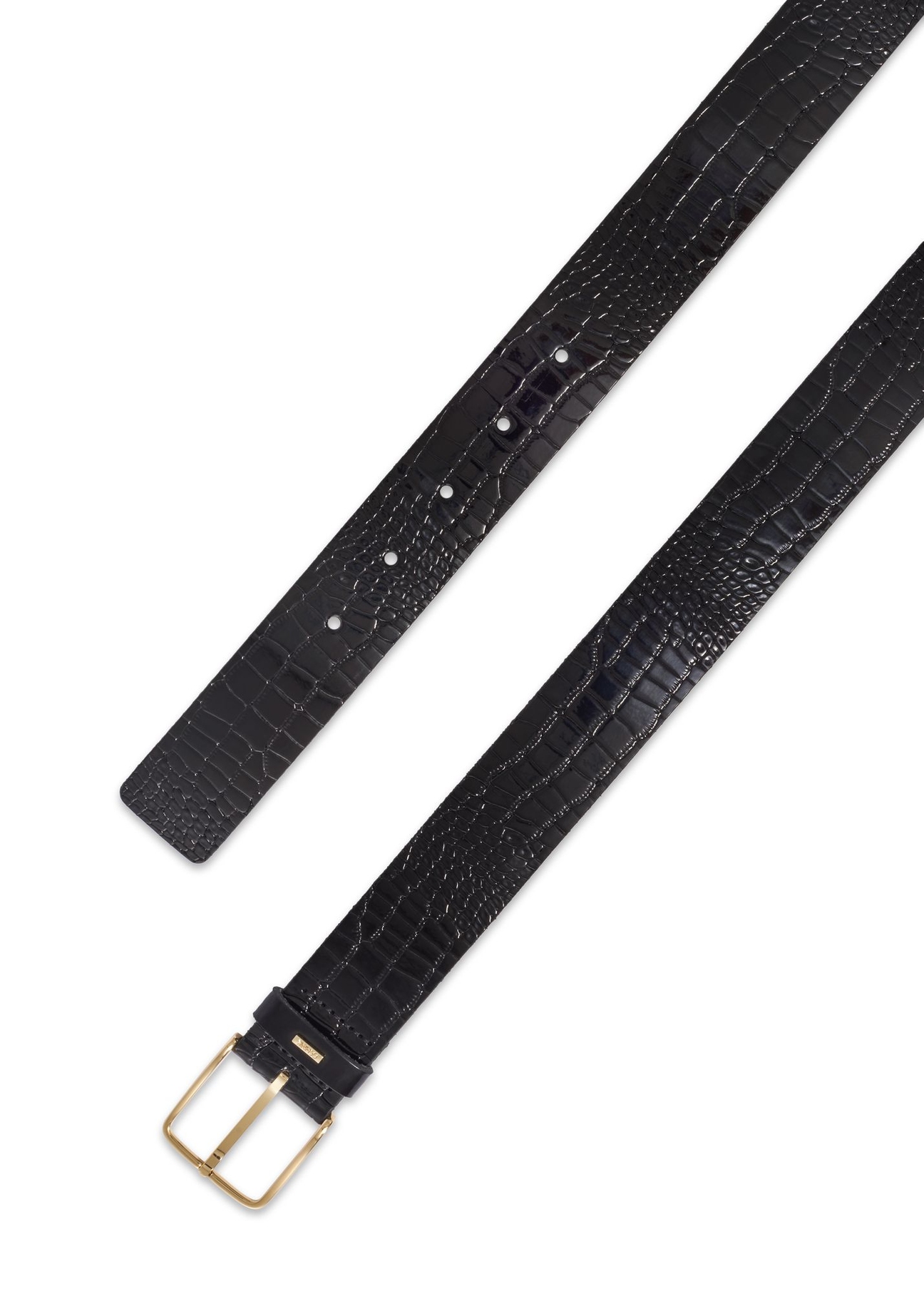 Black croco women's leather belt PASDS-0357-9G(Z26) - close-up detail, on white background.