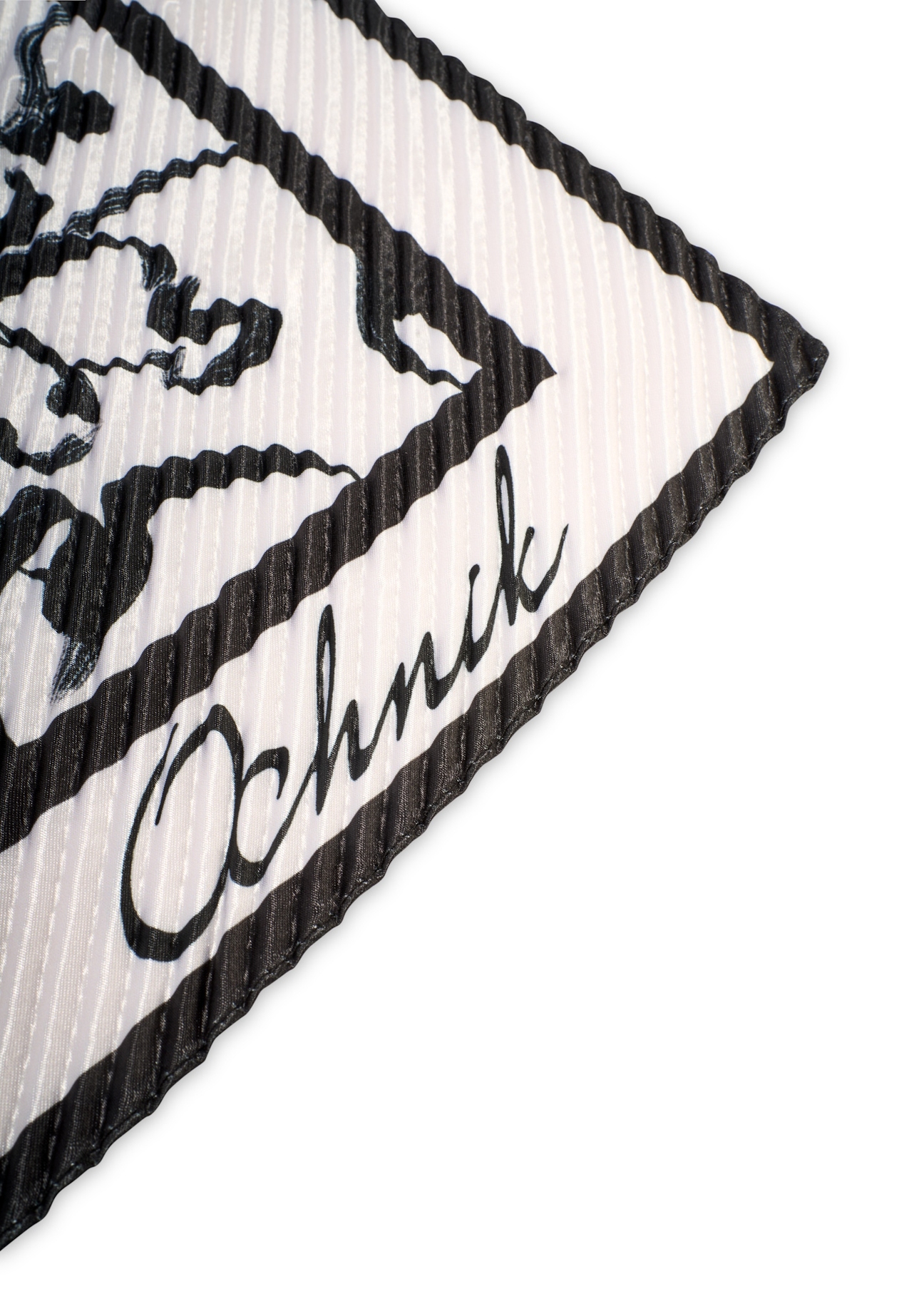 Beige women's scarf with black patterns SZADT-0172-1P(W26), close-up of the product detail on a white background.