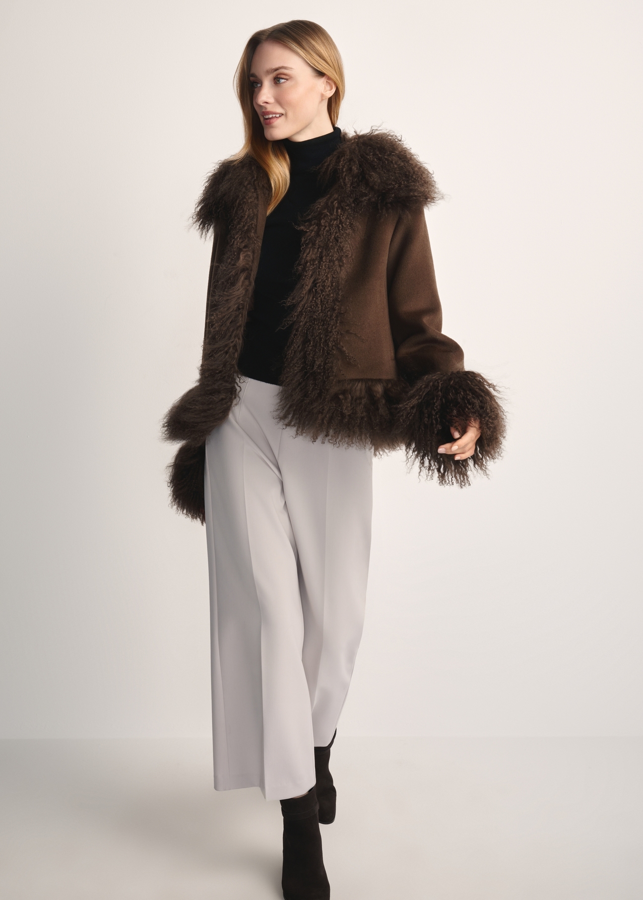 Brown woolen women's fur coat FUTDF-0113-3182(Z25) - front view of the product on a model on a white background. The entire silhouette is visible.