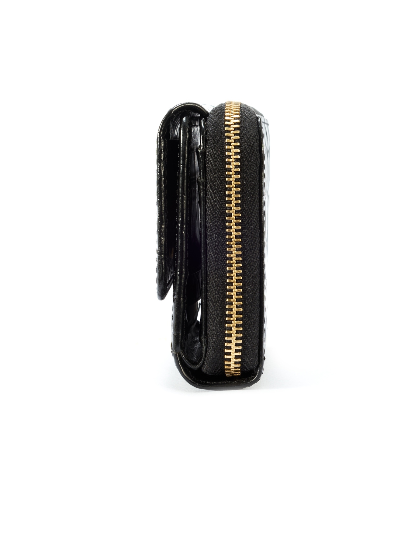 Small leather black women's croco wallet PORES-0957-99(W25), side view of the product on a white background.