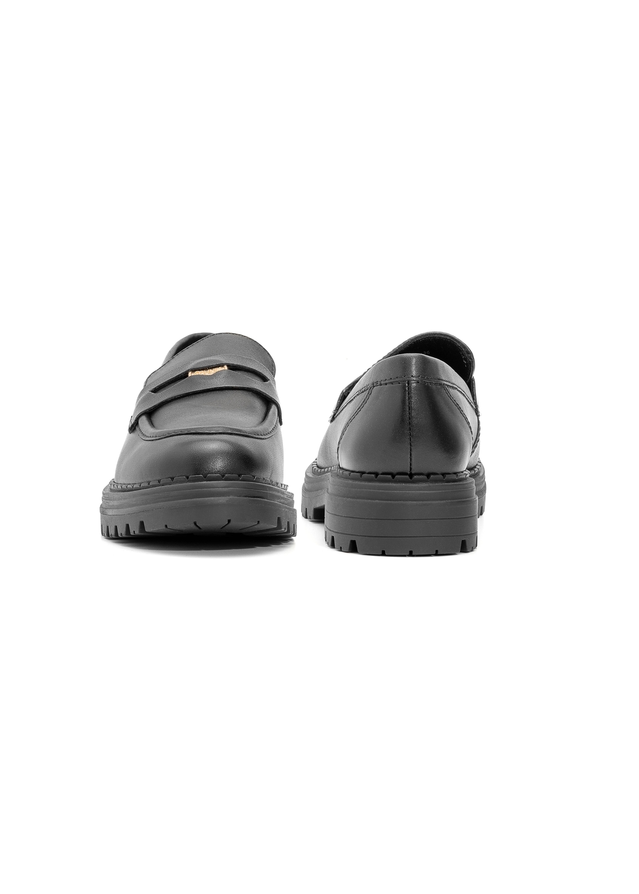 Women's black leather moccasins with logo BUTYD-1197-99(Z25), product view from the front and back on a white background.