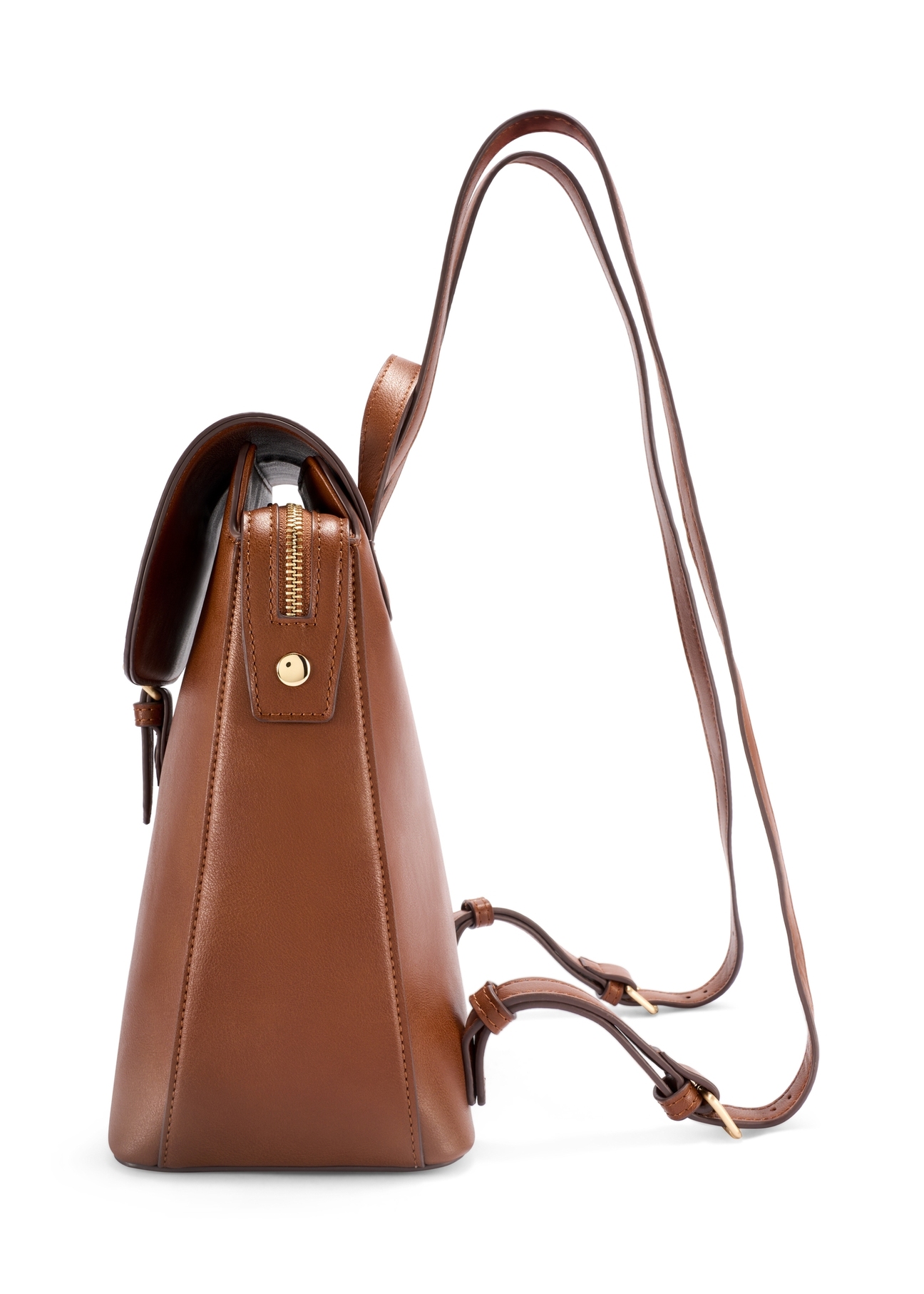 Women's cognac backpack TOREC-1198-1F(W26), side product view on white background.