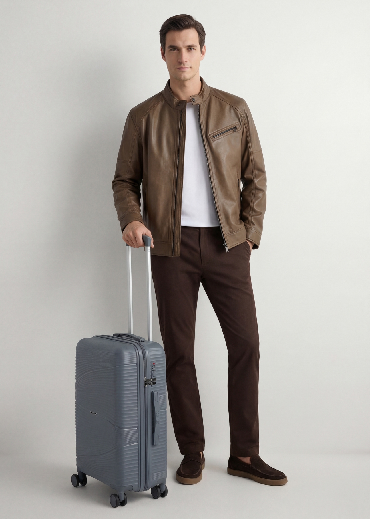 Small suitcase on wheels WALPP-0021-9B-19(W26), diagonal view of the product next to the model's silhouette.