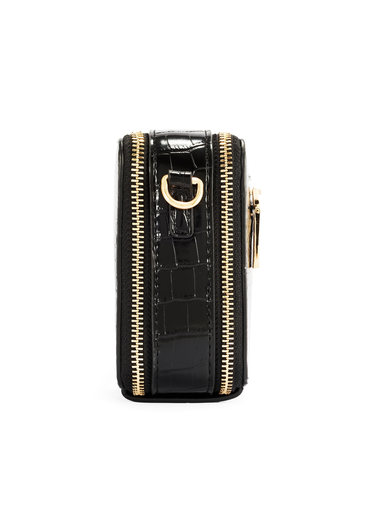 Black small women's croco handbag TOREC-1049-99(Z25), product view from the side on a white background.