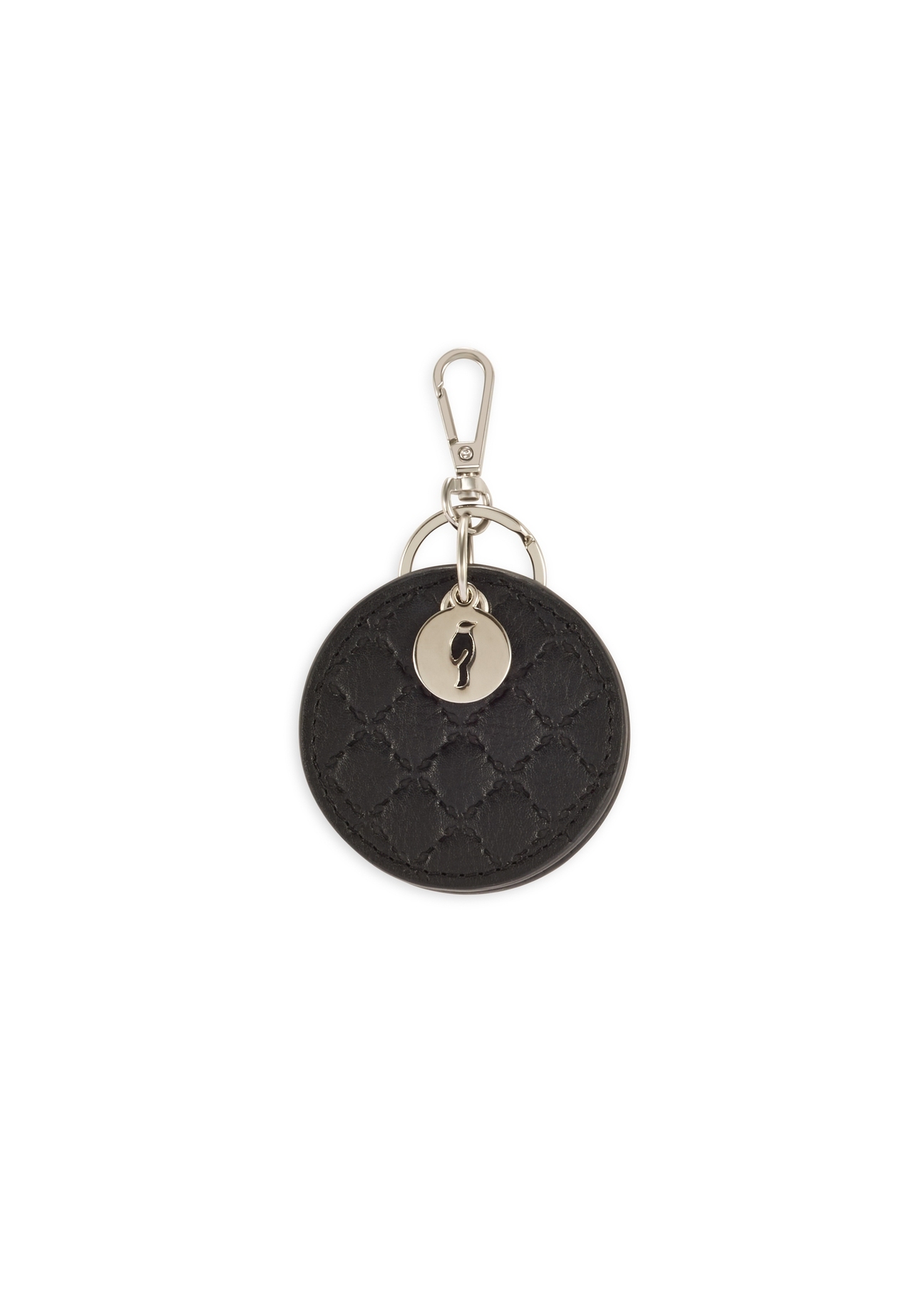 Black leather keychain with mirror BRELOK-0215-99(Z25), product view from the back on a white background.