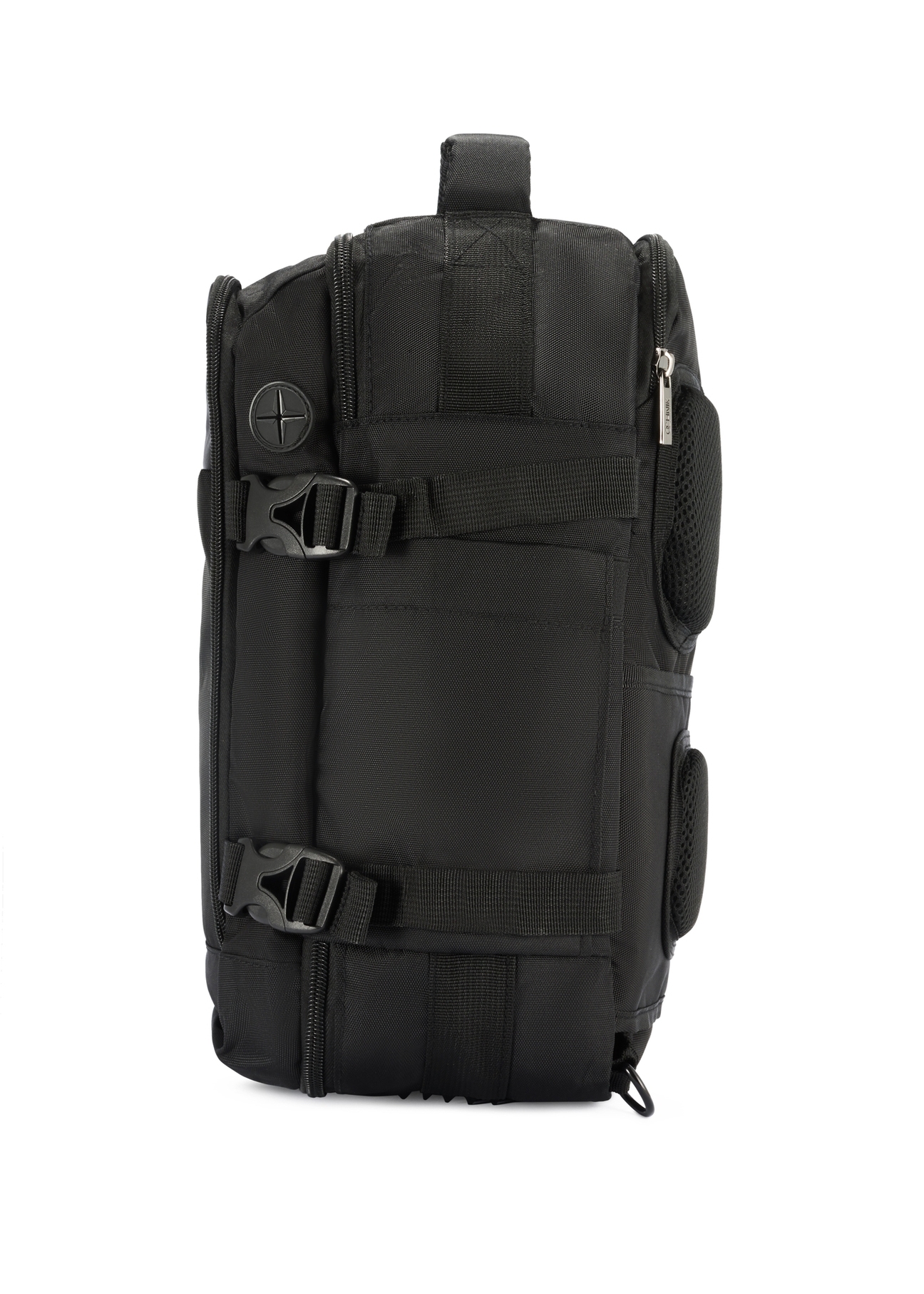 Black airplane backpack PLCMN-0017-99(Z25), side view of the product on a white background.
