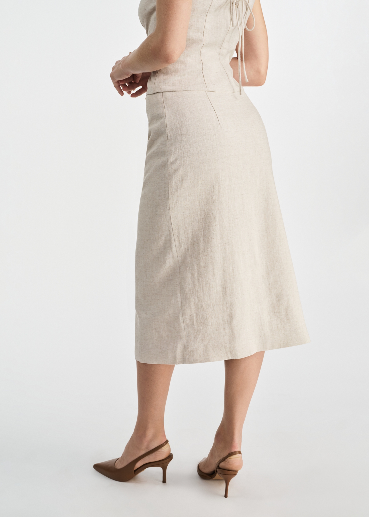 Beige linen midi skirt SPCDT-0108-81(W25)-03