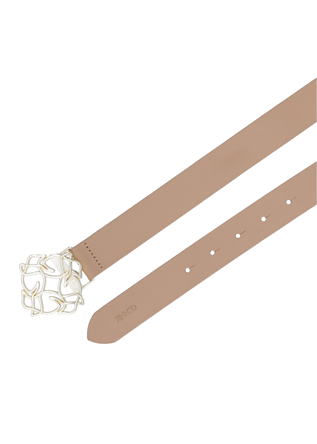 Beige leather women's belt with decorative buckle PASDS-0305-1A(Z26), top view of the product on a white background.