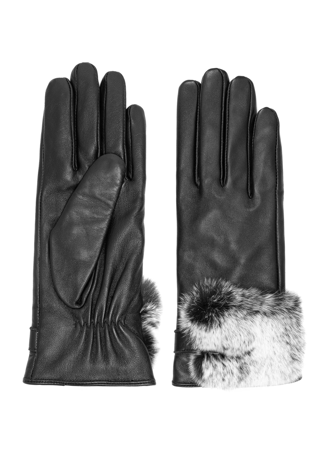 Black women's leather gloves with fur REKDS-0091-99(Z25) - front and back view of the product on a white background.