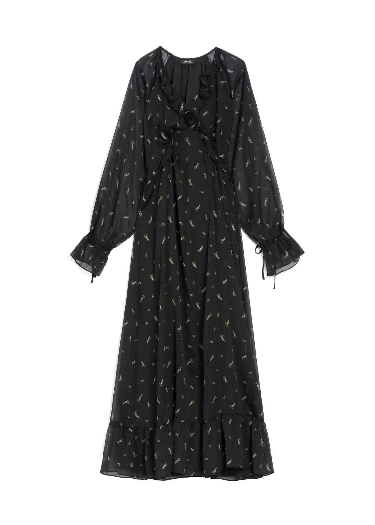 Black maxi dress with lilac pattern and ruffles SUKDT-0290-9P(Z26), product view from the front on a white background.