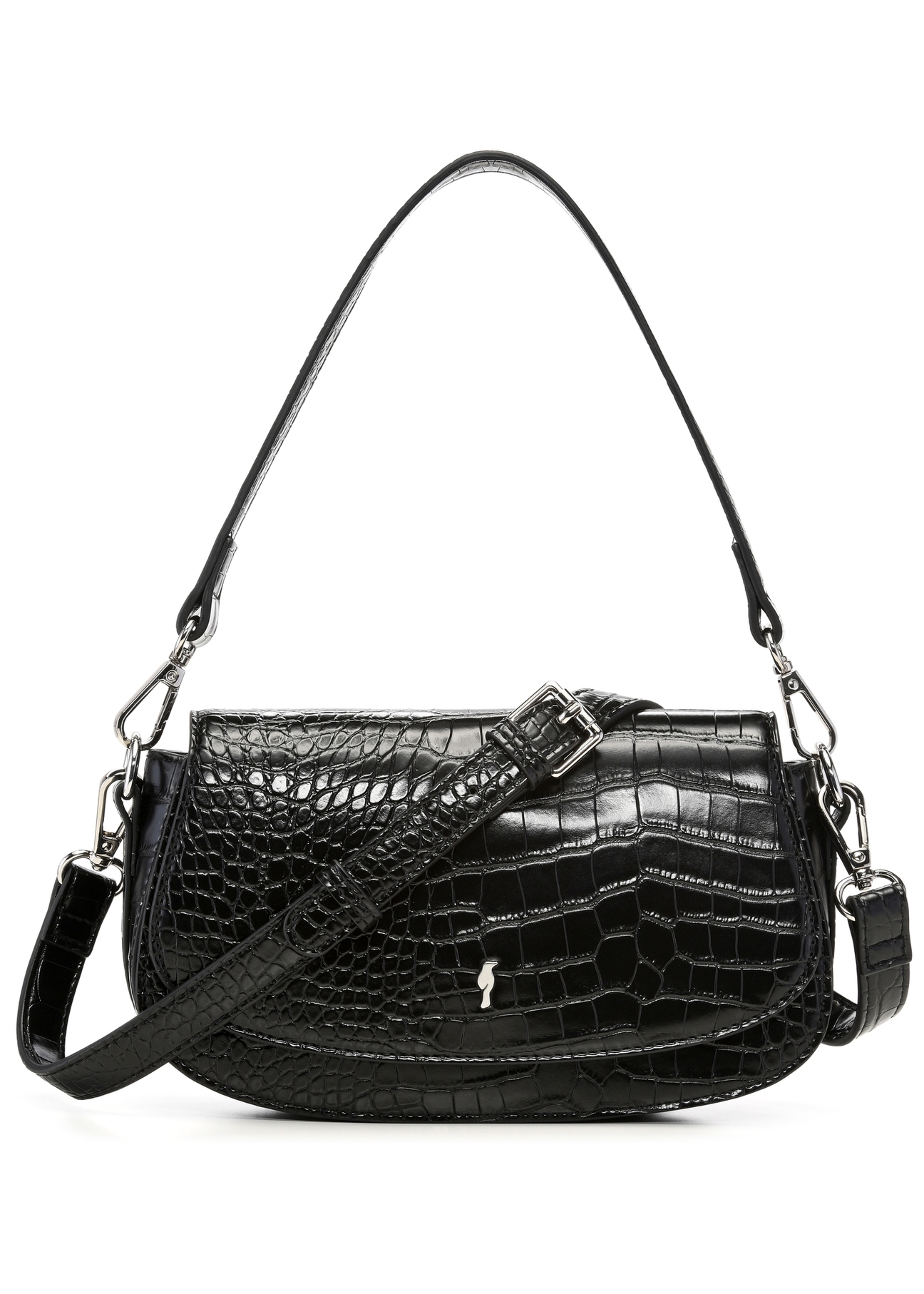 Small black women's croco handbag TOREC-1264-9G(Z26), product view from the front on a white background.