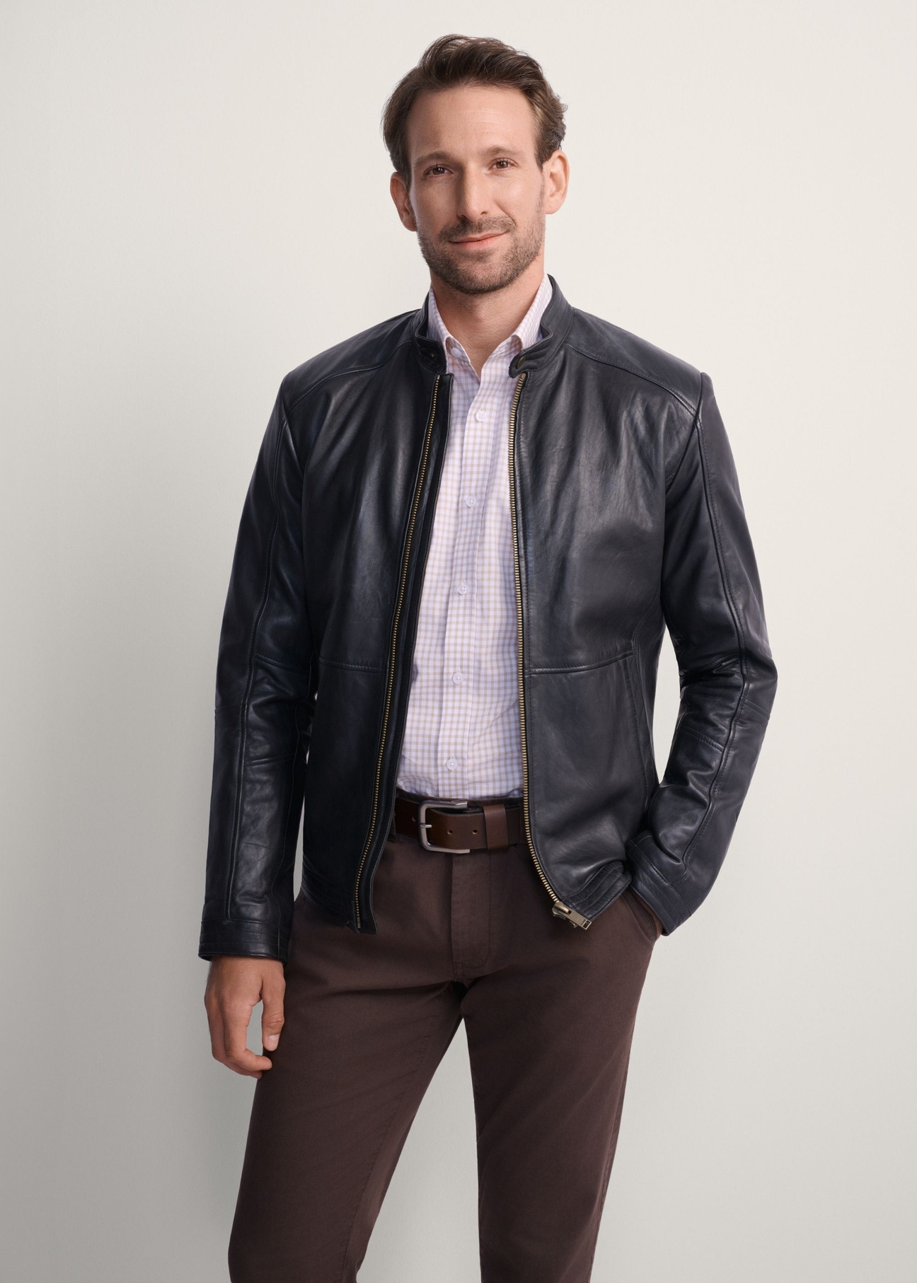 Classic men's leather jacket KURMS-0297-5427(KS), front product view on model. Half silhouette visible.