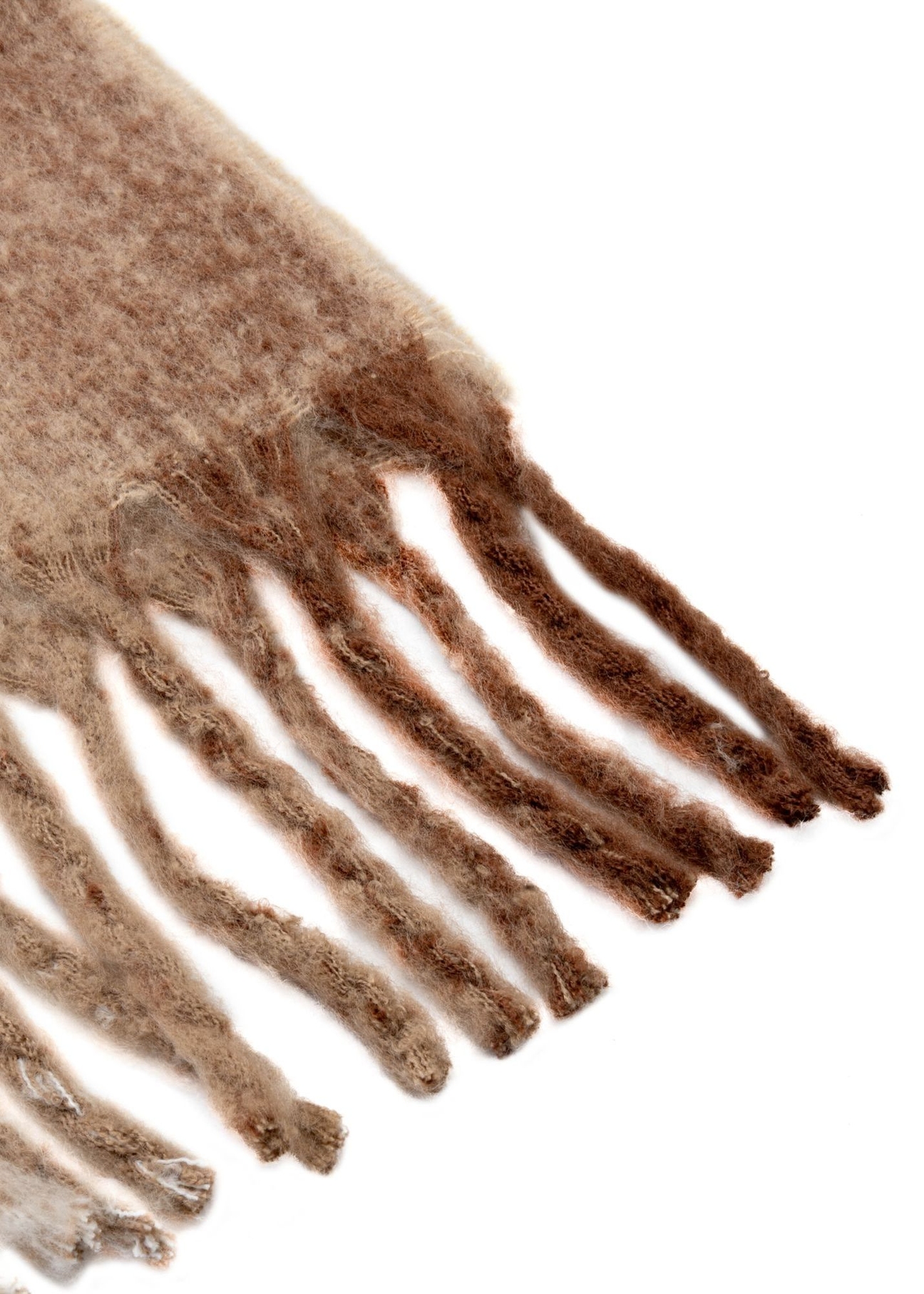 Beige women's checkered scarf SZADT-0207-24(Z25), close-up of the product detail, view on a white background.